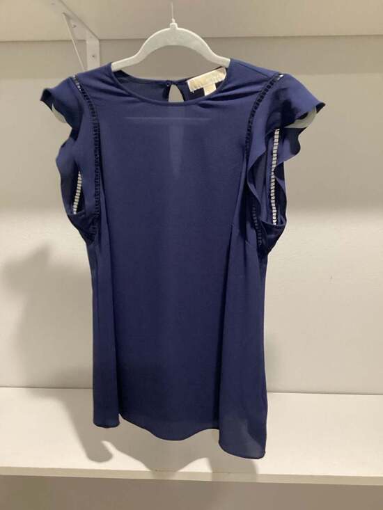 Michael Kors Navy Blue Flutter Sleeve Blouse with Lattice Trim Detail - Thumbnail 4