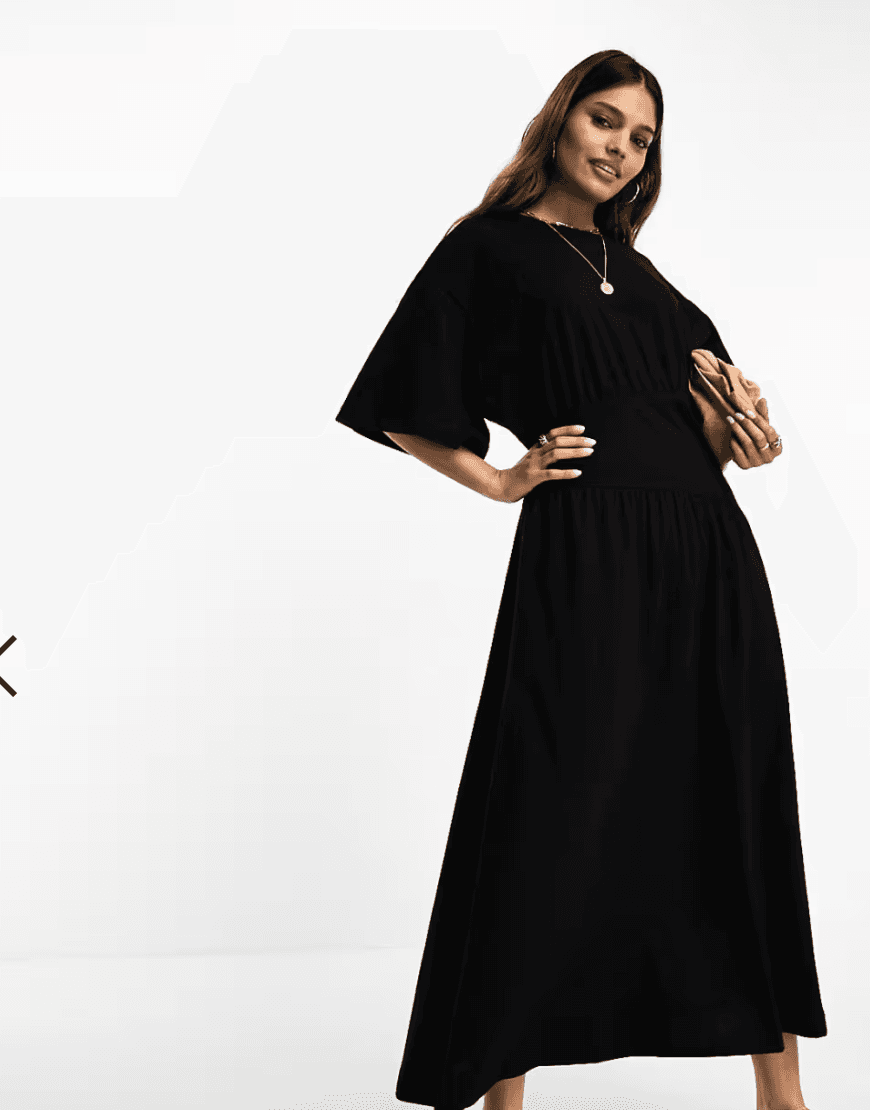 River Island | Black Cinched Waist Midi Tee Dress with Pockets | Size 14