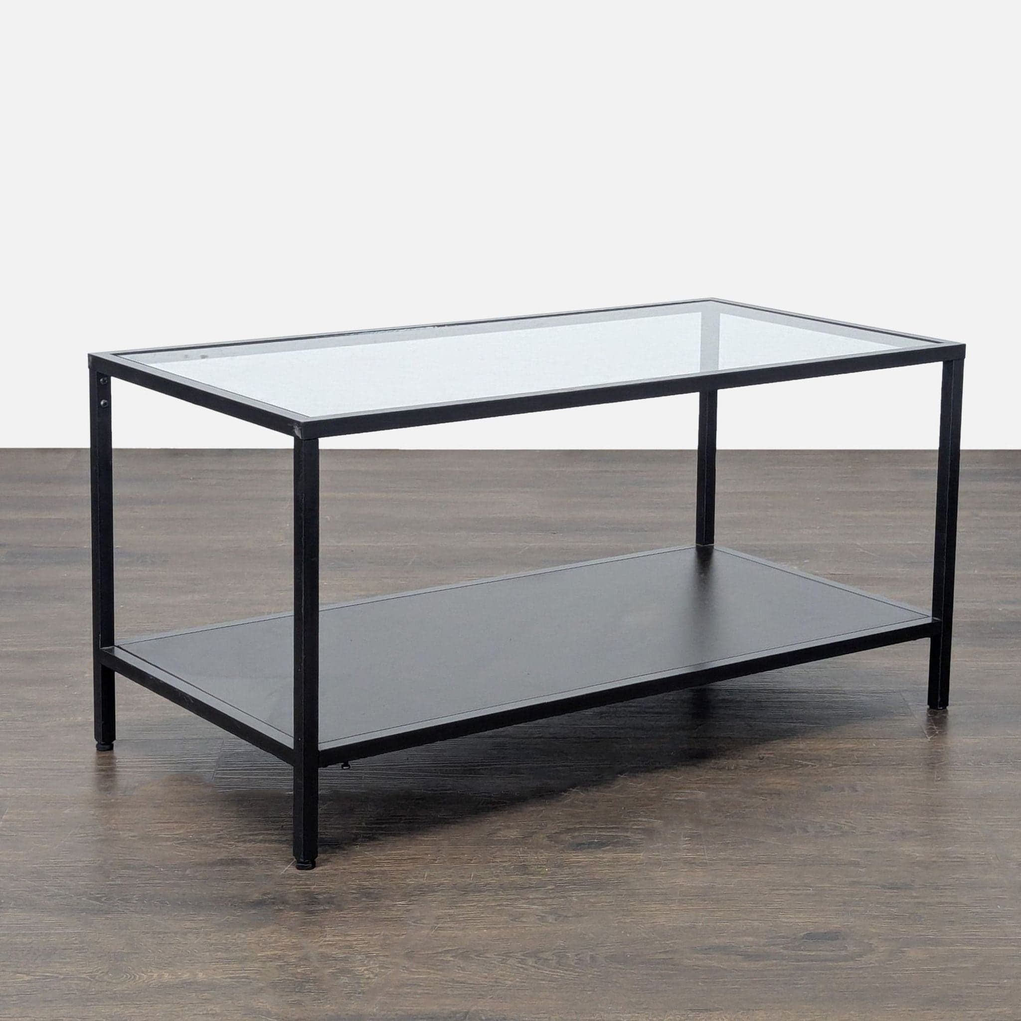 Glass Top Coffee Table with Wood Shelf on Metal Frame - Thumbnail 5
