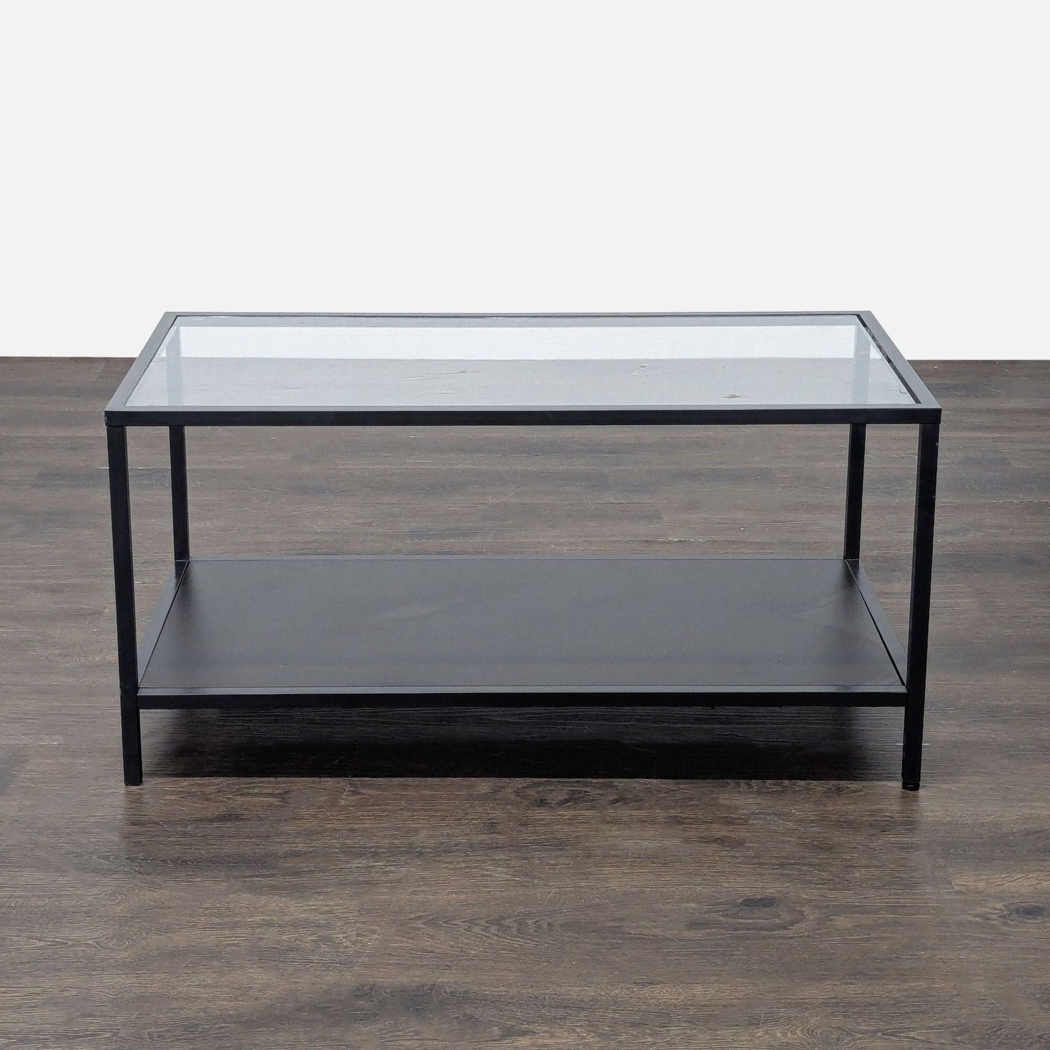 Glass Top Coffee Table with Wood Shelf on Metal Frame - Thumbnail 2