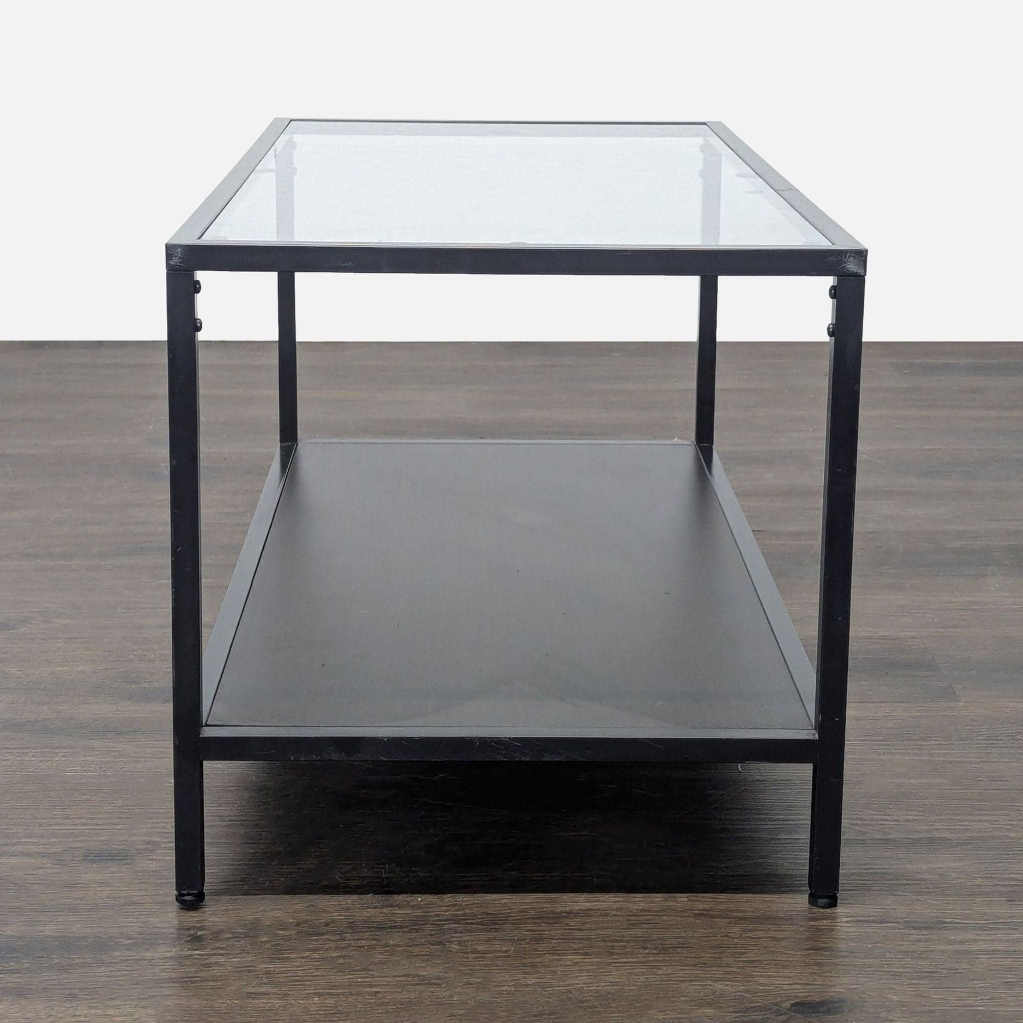 Glass Top Coffee Table with Wood Shelf on Metal Frame - Thumbnail 6