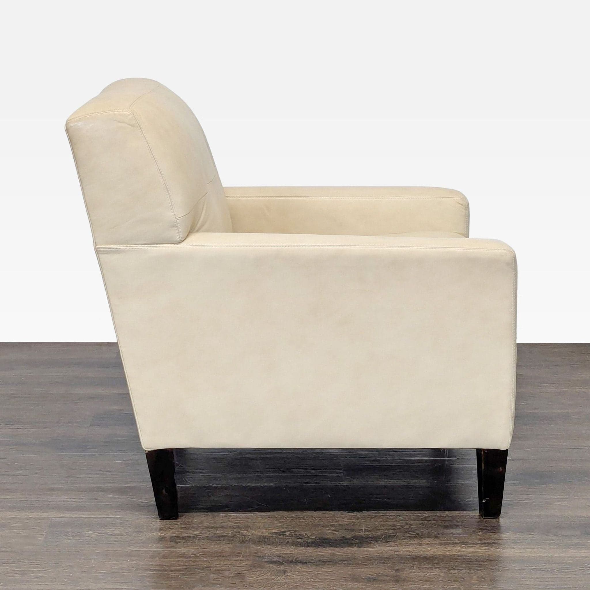 Modern Cream Leather Lounge Chair with Dark Wood Legs - Thumbnail 2