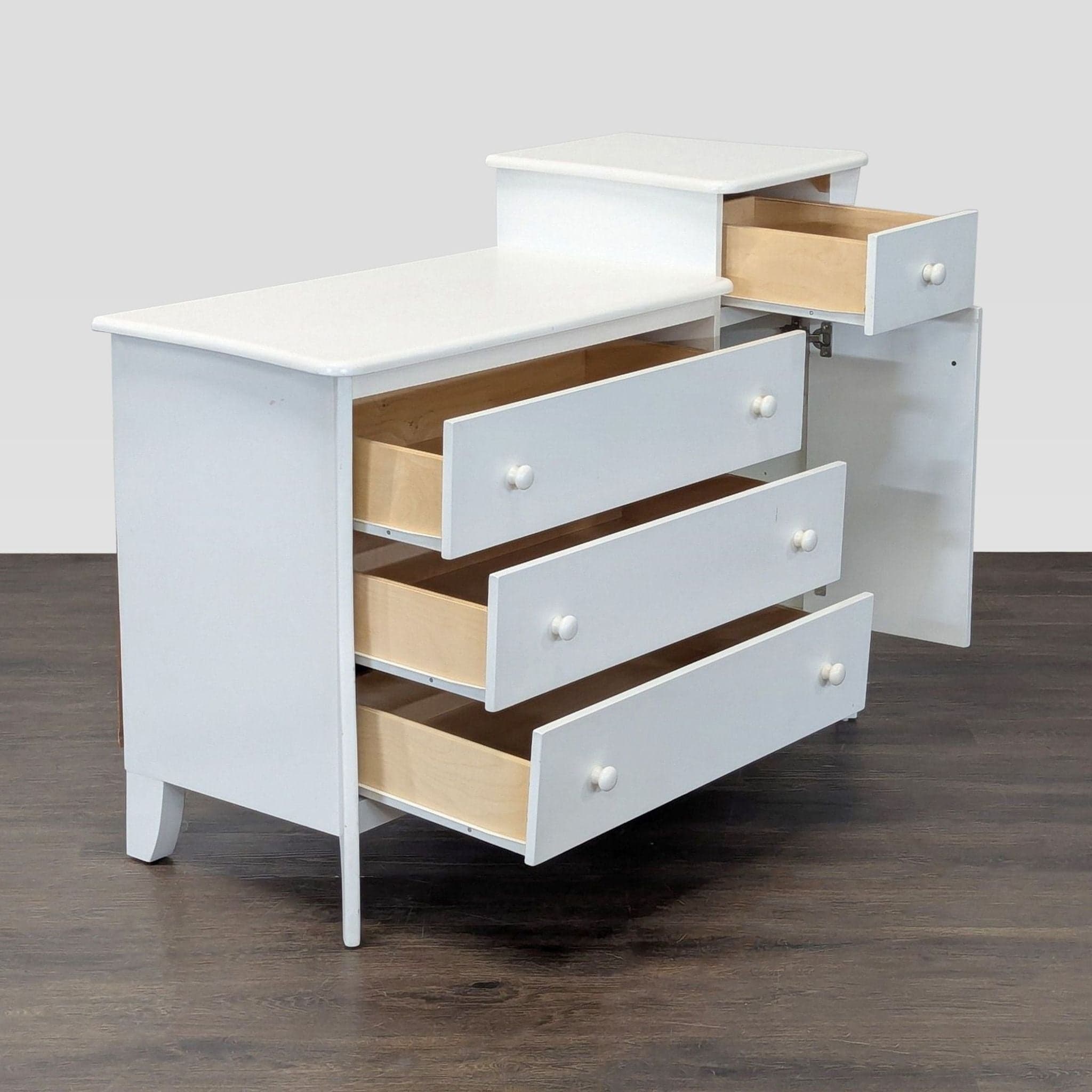 White 4-Drawer Dresser with Cabinet and Open Shelf - Thumbnail 2