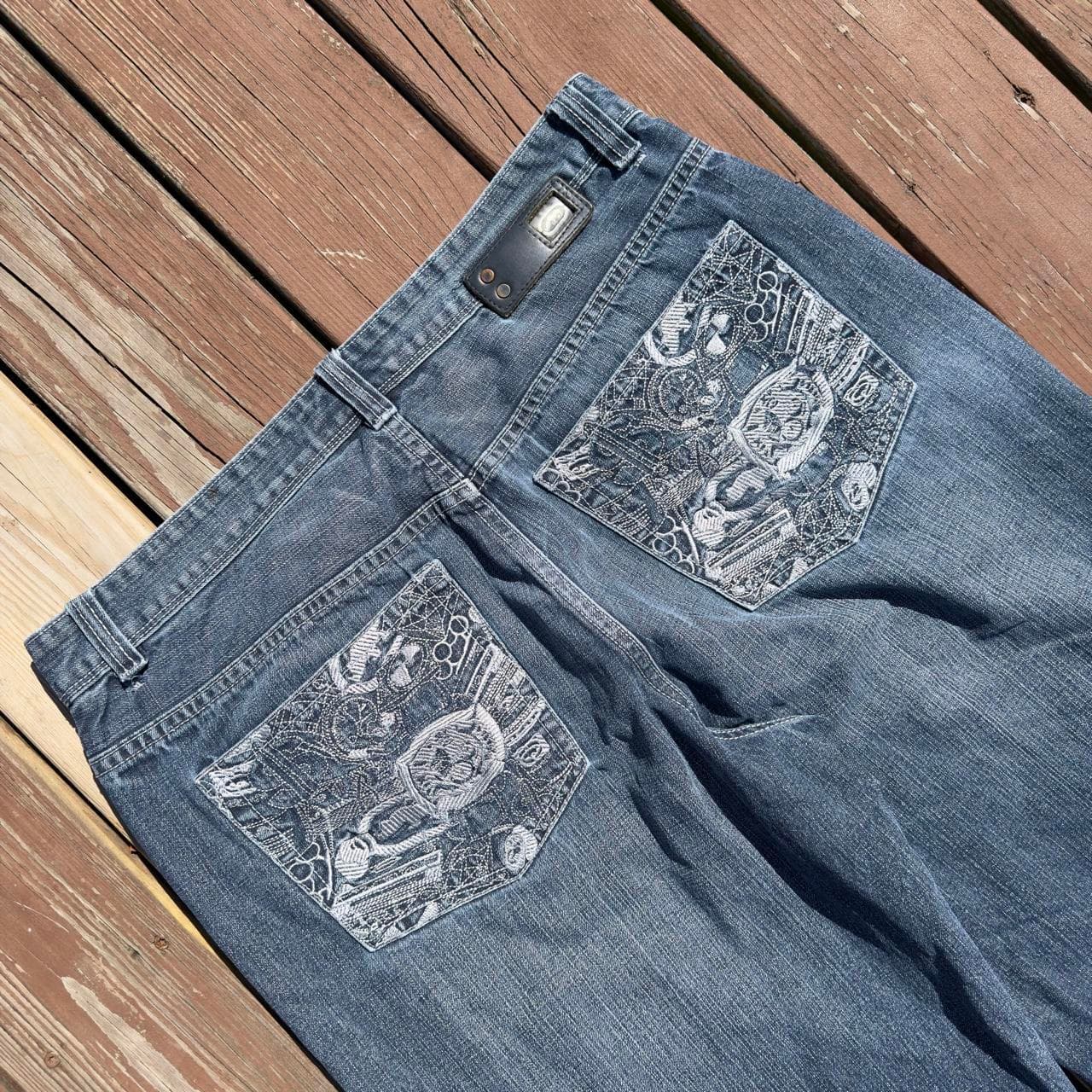 SUPER RARE 90s Ecko Unltd. Distressed Blue Denim Jeans w/ Skull Embroidery - GRAIL - Thumbnail 3