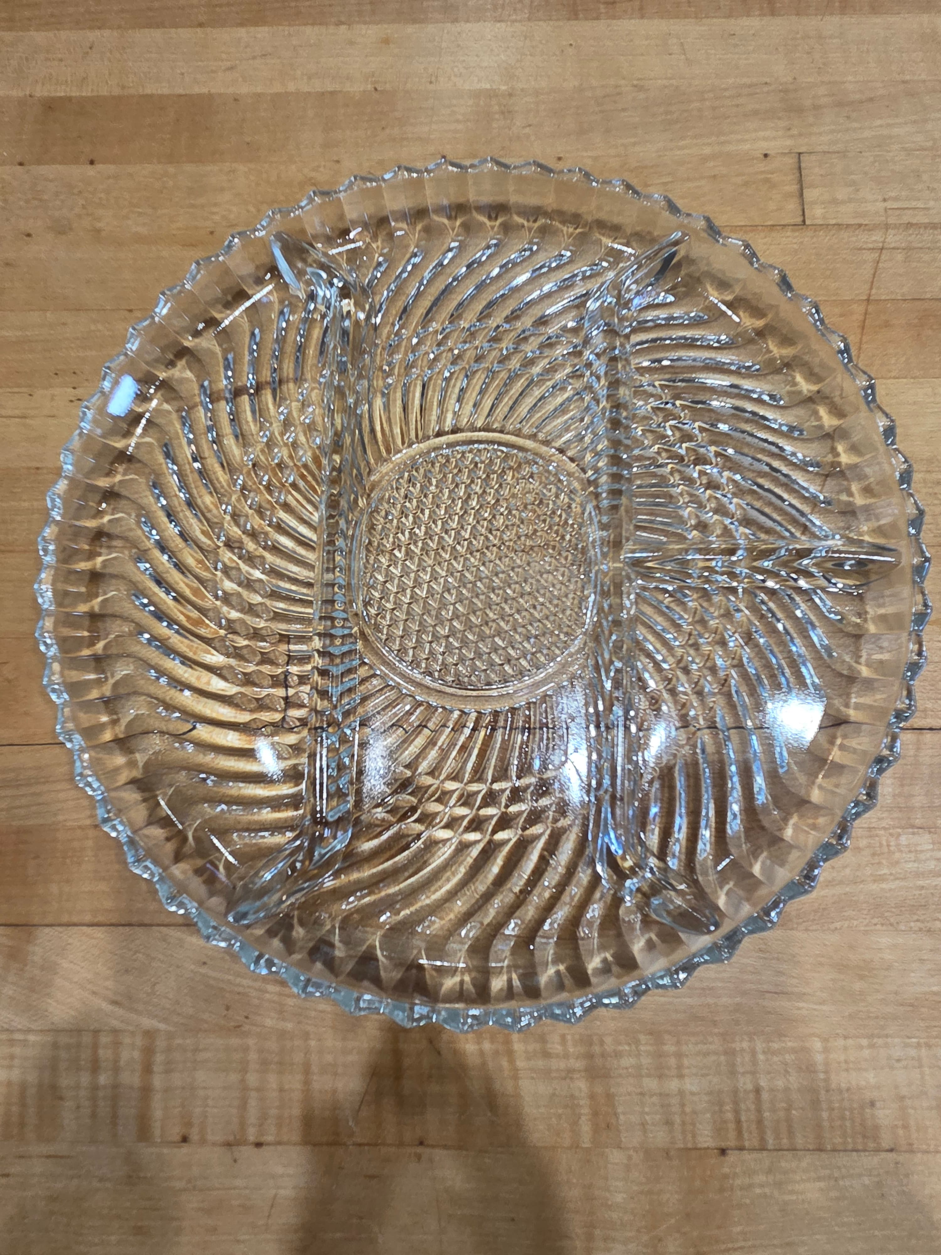 Vintage Dominion Glass Clear Swirl 4 Section Divided Relish Tray 10 Inch