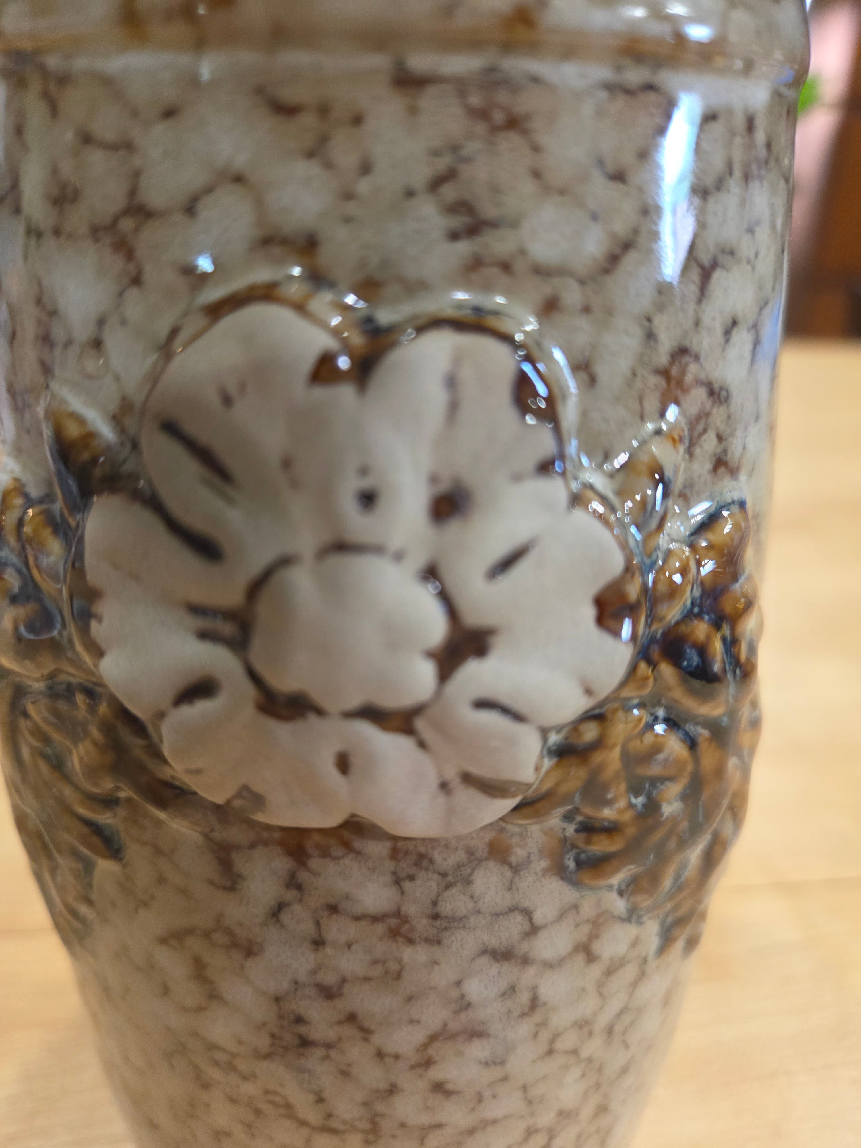 Vintage Japanese Studio Pottery Stoneware Vase Raised Floral Crackle Glaze - Thumbnail 3