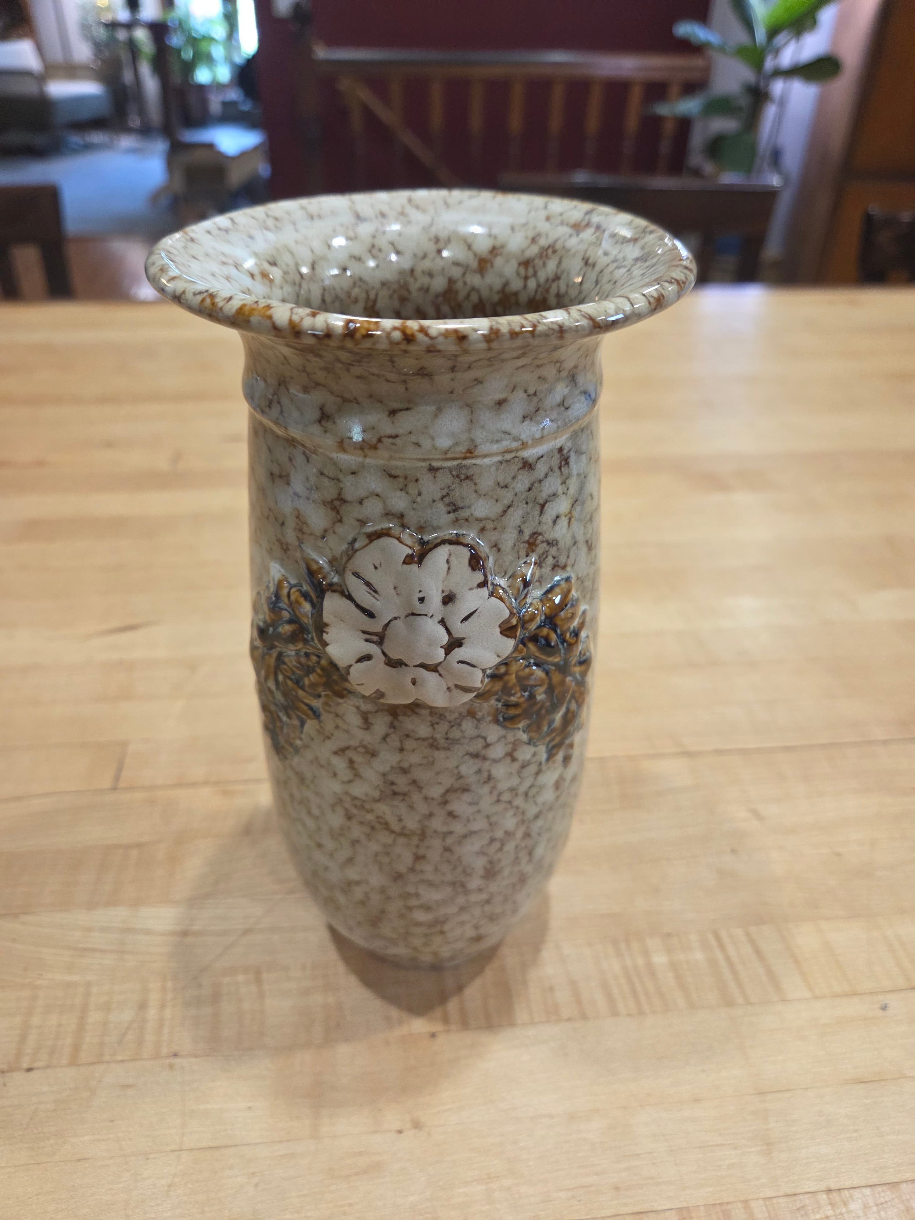 Vintage Japanese Studio Pottery Stoneware Vase Raised Floral Crackle Glaze