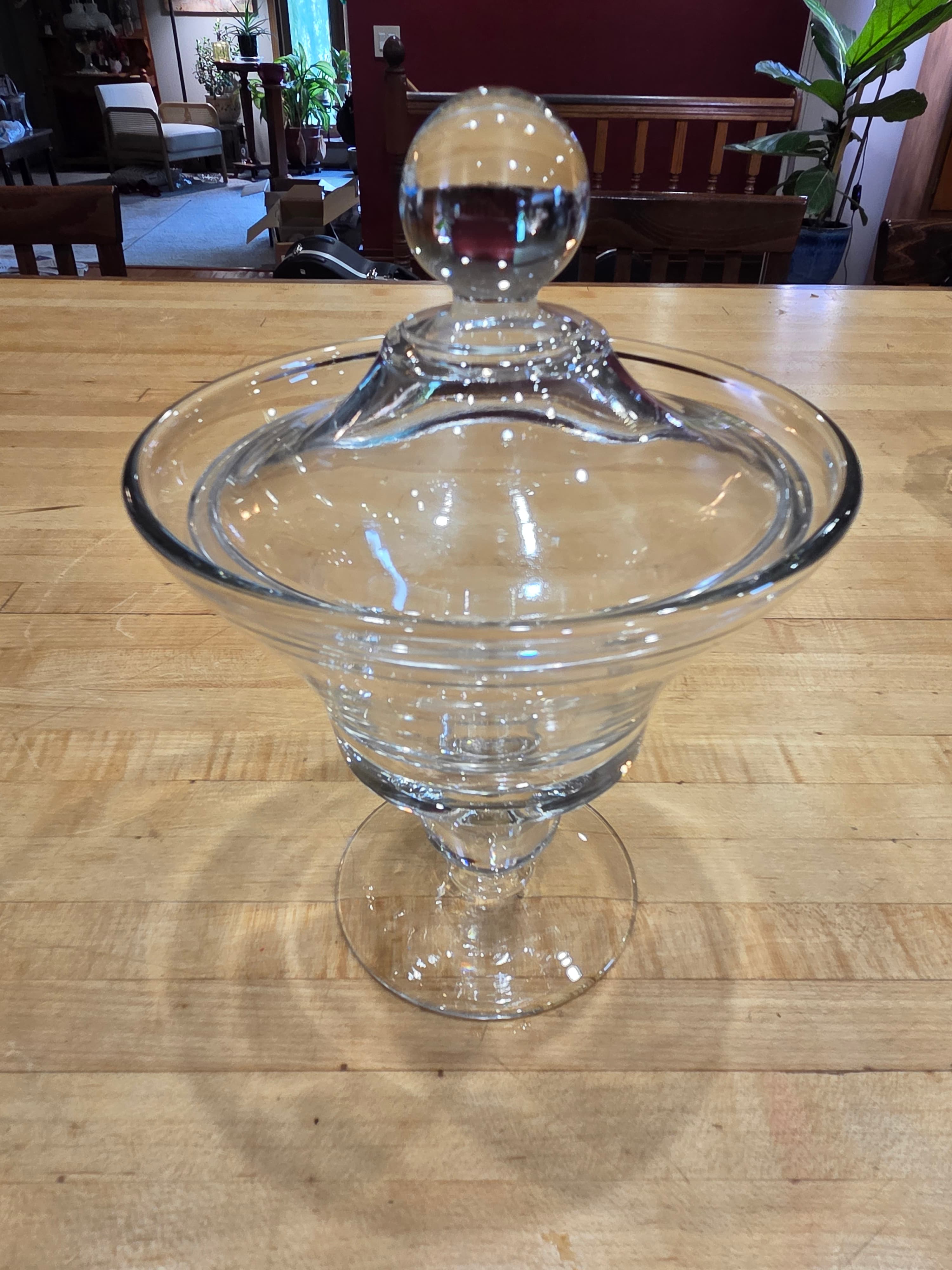 Vintage Mid Century Modern Clear Glass Covered Compote Ball Stem Lid