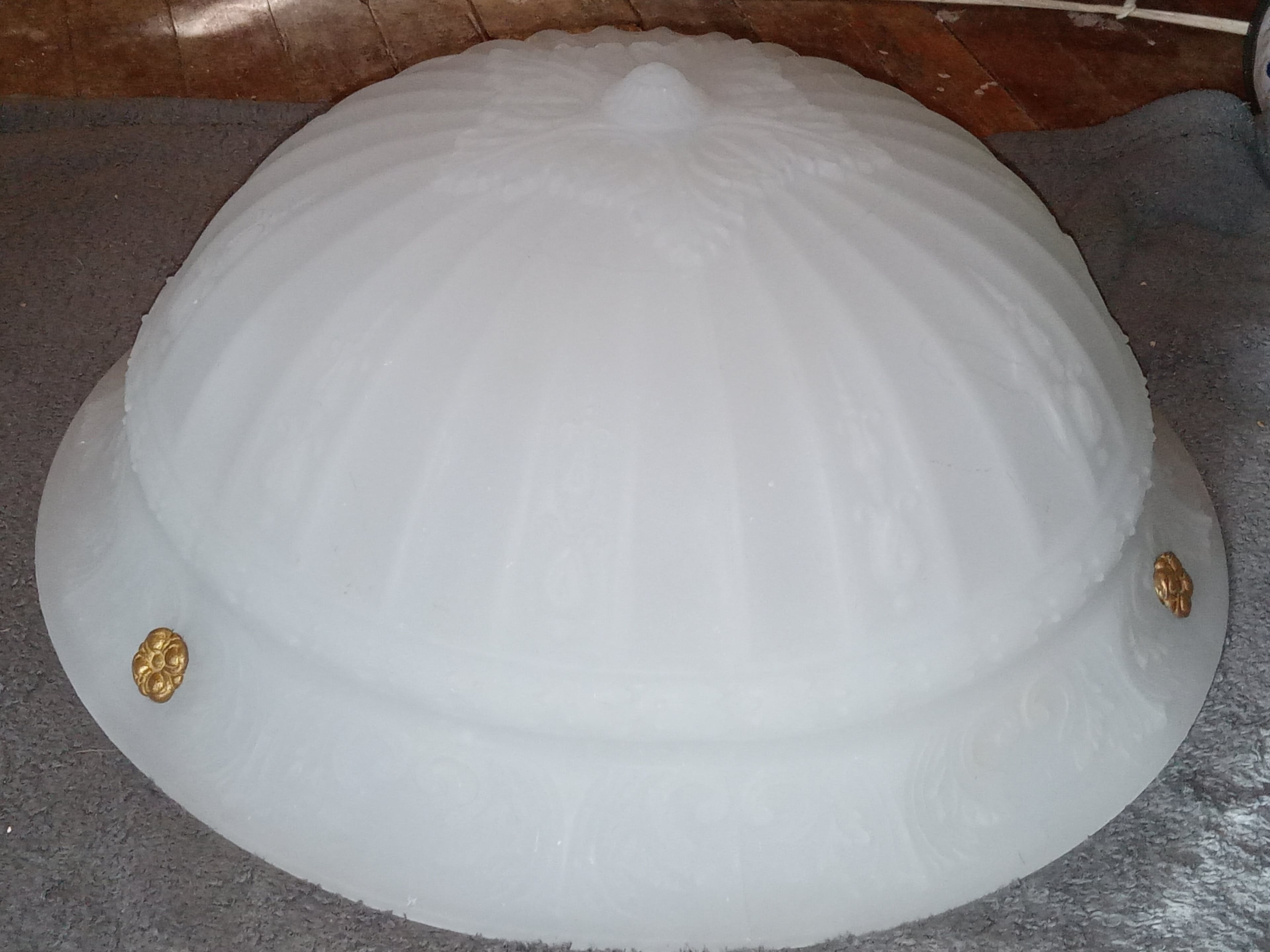 RARE!!! Pair of Frosted Glass Ceiling Light Shades with Brass Accents