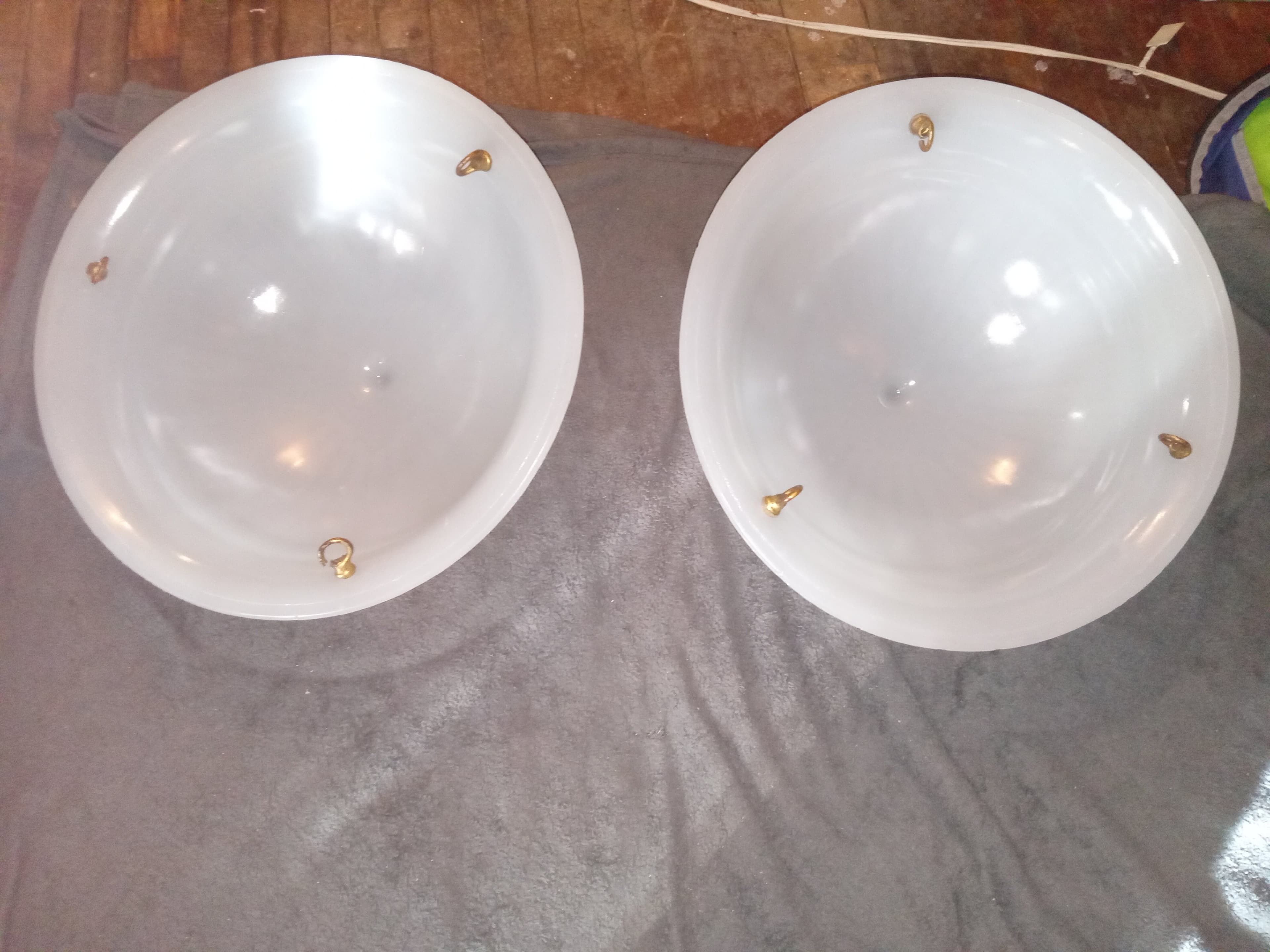 RARE!!! Pair of Frosted Glass Ceiling Light Shades with Brass Accents - Thumbnail 2
