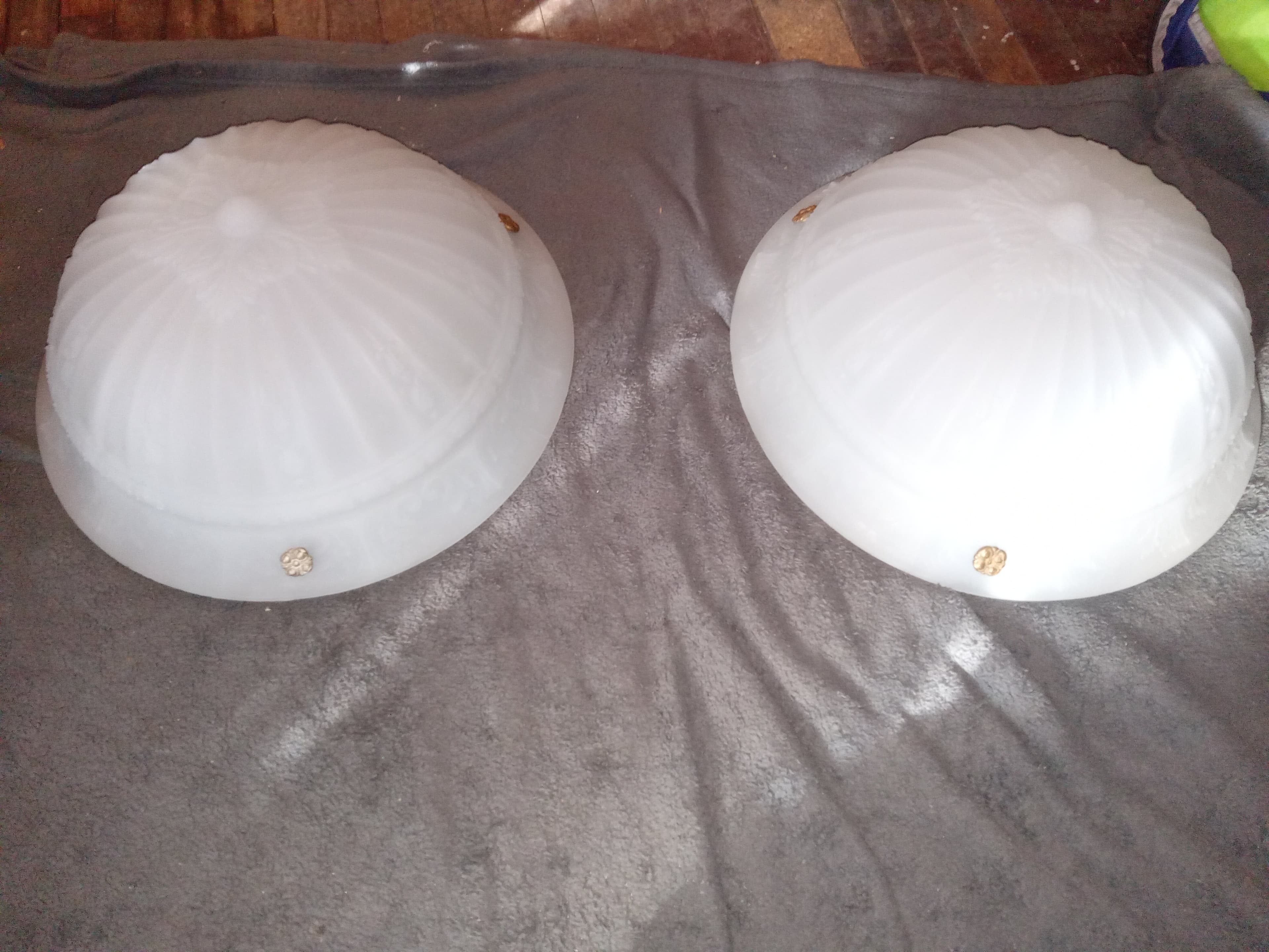 RARE!!! Pair of Frosted Glass Ceiling Light Shades with Brass Accents - Thumbnail 3