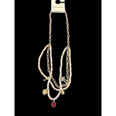 Francesca's Gold Multi Strand Layered Charm Necklace Red Teardrop Rose Key Bow