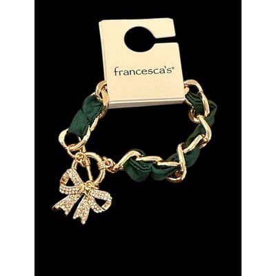Francesca's Gold Tone Emerald Green Fabric Woven Chain Rhinestone Bow Bracelet