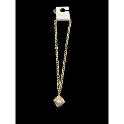 Francesca's Gold Tone Chunky Link Chain Necklace Faux Pearl Square Pendant NEW