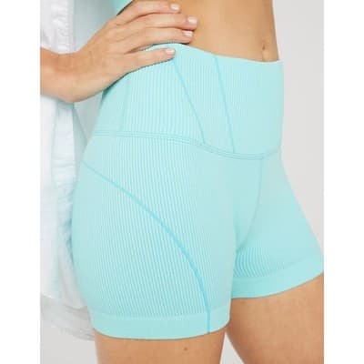 OFFLINE by Aerie Seamless Super Shortie Ribbed High Rise Shorts Aqua Blue XS 2"