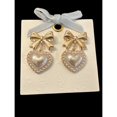 Gold Bow Pearl Heart Bride Drop Earrings Wedding Bridal Bachelorette Accessory