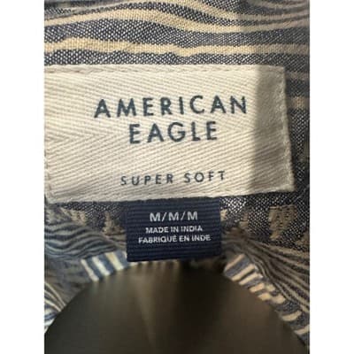 American Eagle Mens Navy Cream Geometric Stripe Short Sleeve Button Down Shirt M - Thumbnail 3