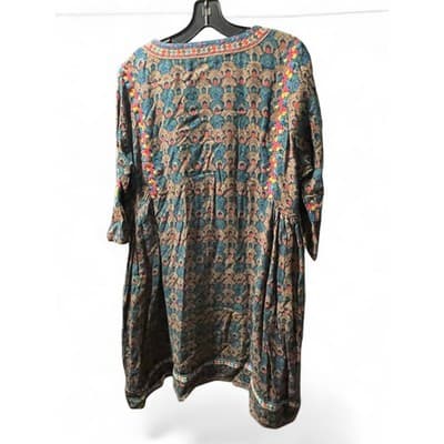 Roller Rabbit Women L Teal Blue Floral Embroidered Tunic Dress 3/4 Sleeve V Neck - Thumbnail 2
