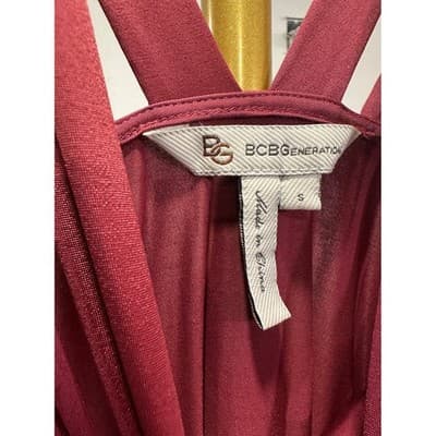 BCBGMAXAZRIA Burgundy Ruched Halterneck Mini Dress Spaghetti Straps Belted Sz S - Thumbnail 2