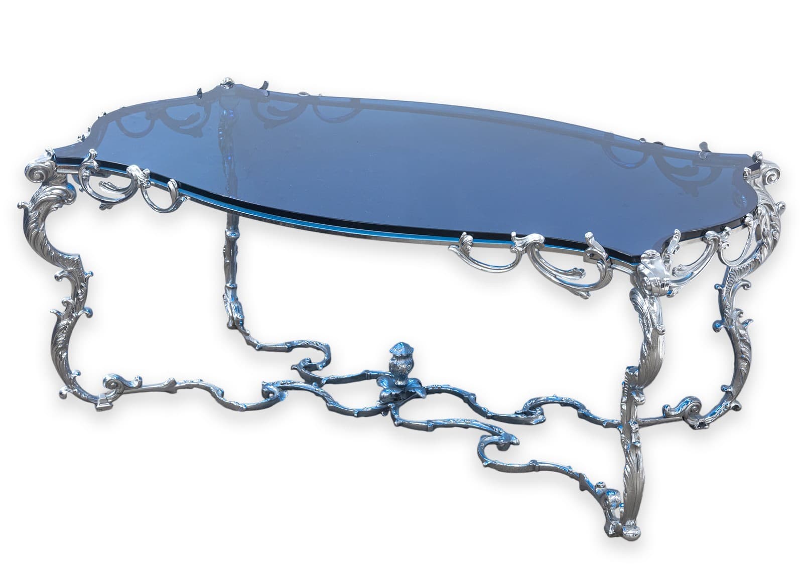Maison Charles Regence Contemporary Blue Glass & Silver French Coffee Table