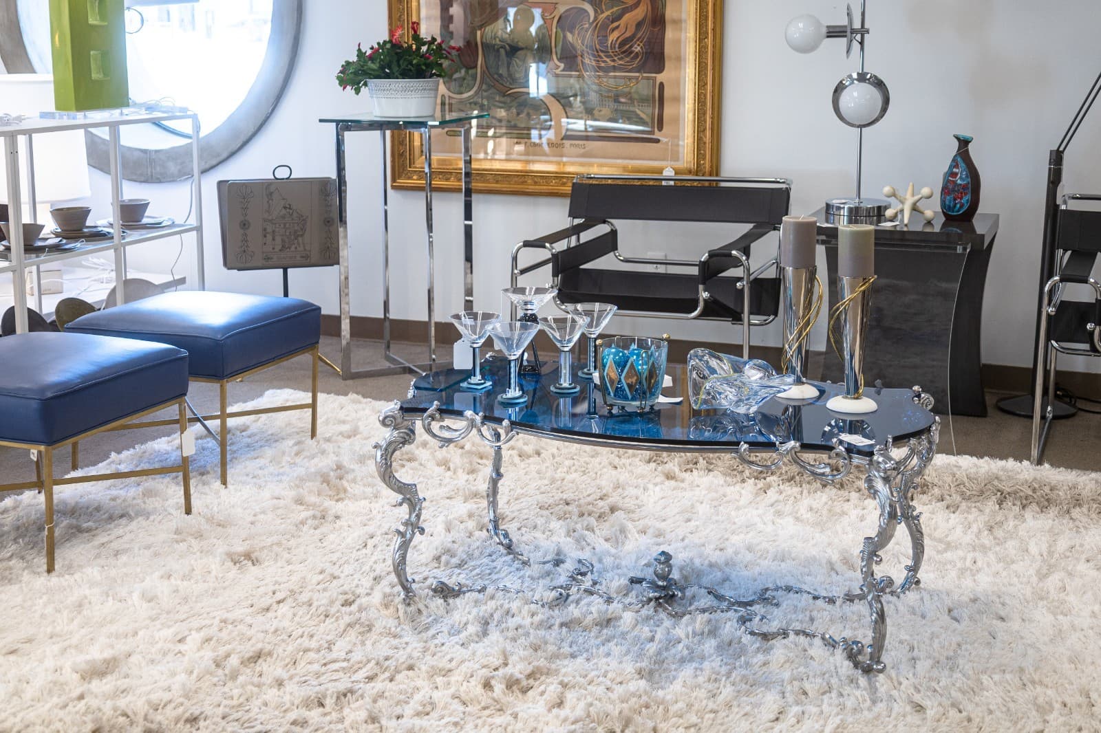 Maison Charles Regence Contemporary Blue Glass & Silver French Coffee Table - Thumbnail 2