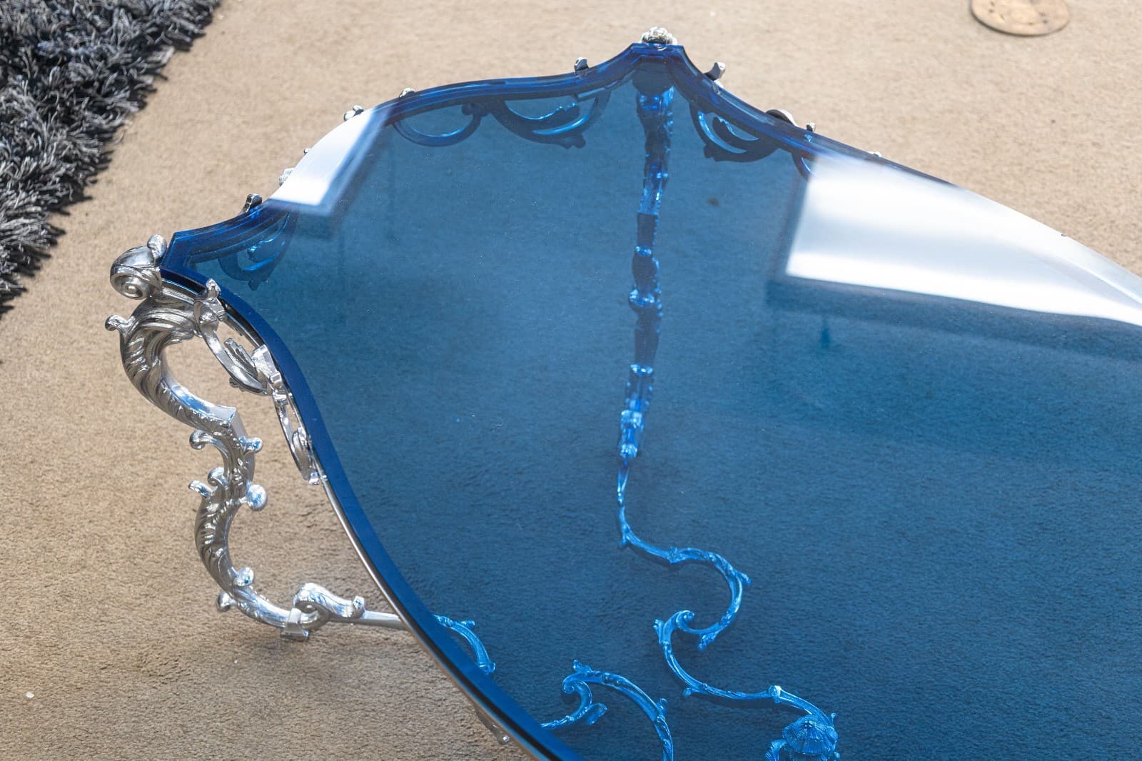 Maison Charles Regence Contemporary Blue Glass & Silver French Coffee Table - Thumbnail 3