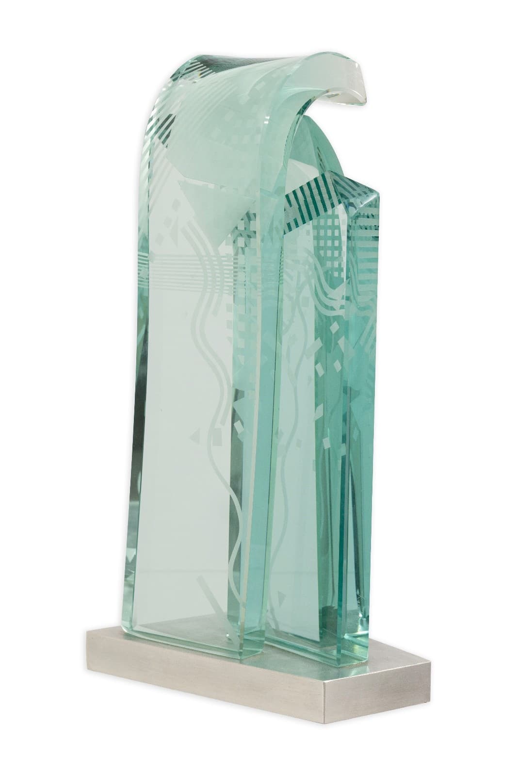 John Gilbert Luebtow Signed Abstract Postmodern Glass Sculpture on Metal Base