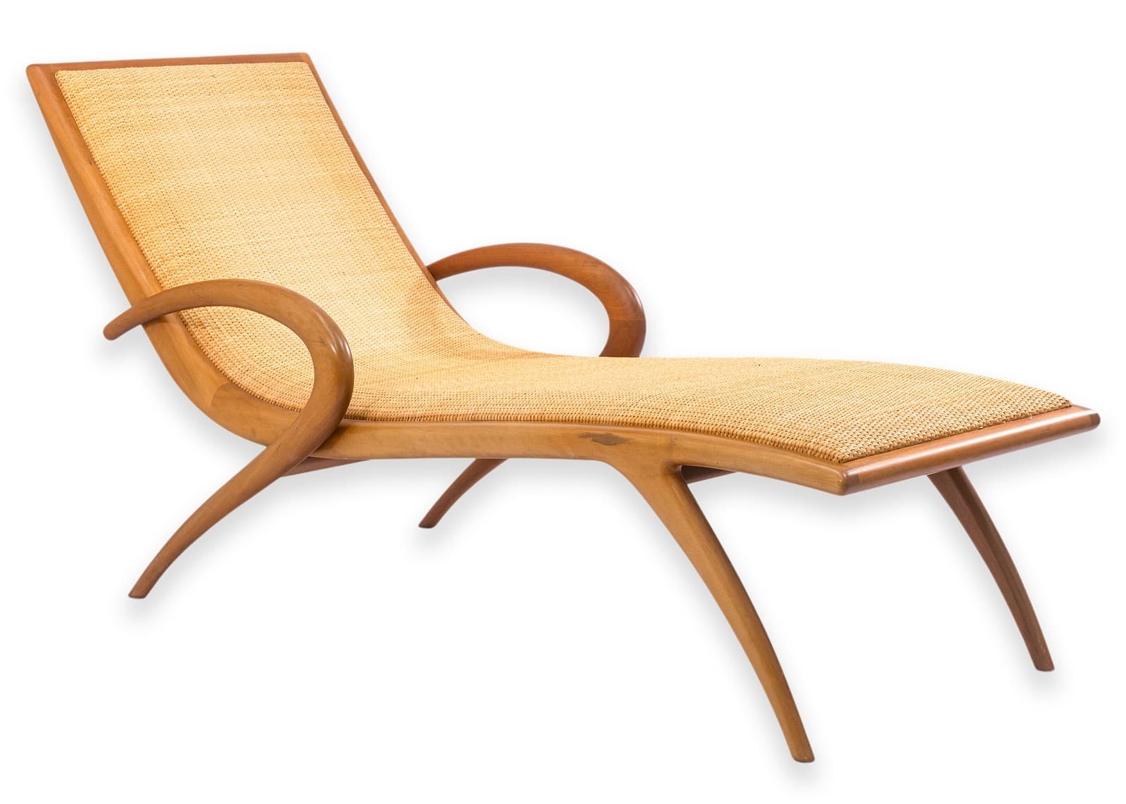 John Louis Graz Chaise Longue c. 1950s Curved Wood & Inset Woven Raffia Modern