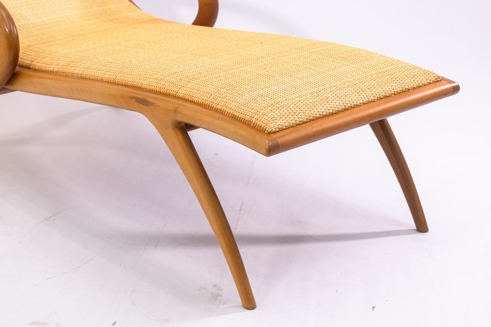 John Louis Graz Chaise Longue c. 1950s Curved Wood & Inset Woven Raffia Modern - Thumbnail 10