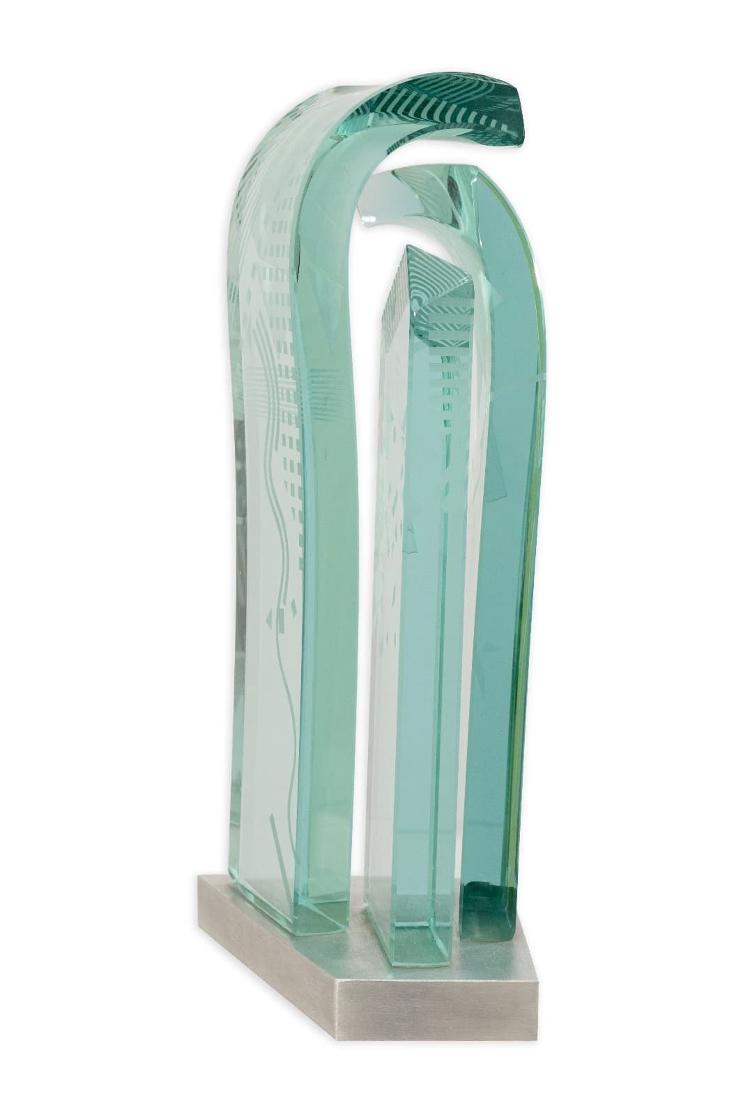 John Gilbert Luebtow Signed Abstract Postmodern Glass Sculpture on Metal Base - Thumbnail 3