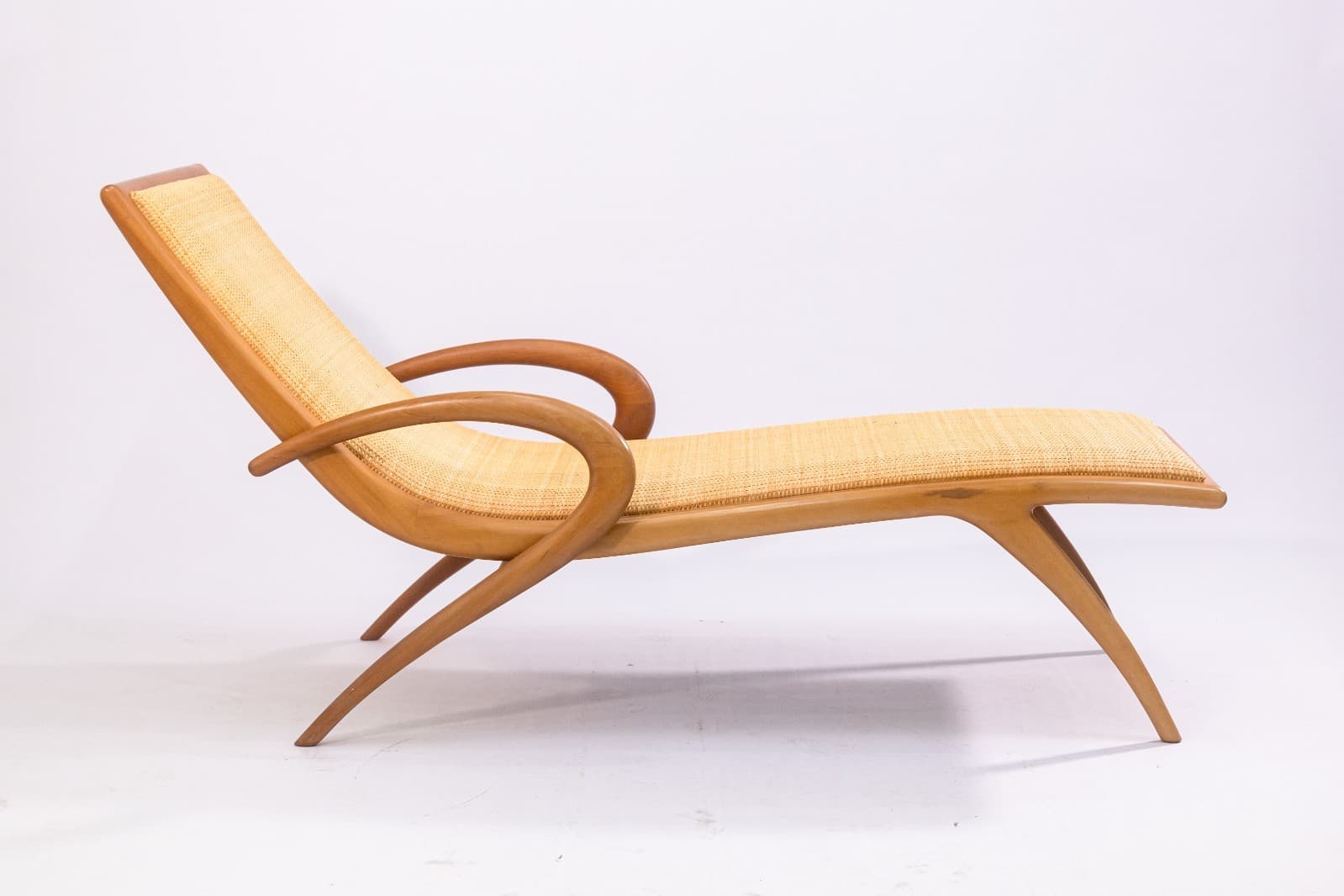 John Louis Graz Chaise Longue c. 1950s Curved Wood & Inset Woven Raffia Modern - Thumbnail 3