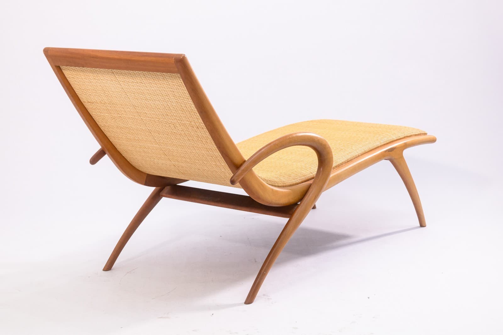 John Louis Graz Chaise Longue c. 1950s Curved Wood & Inset Woven Raffia Modern - Thumbnail 4