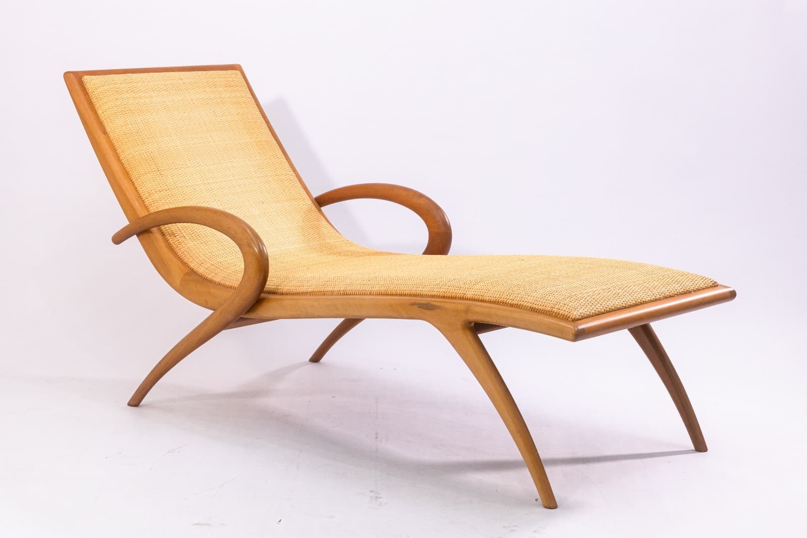 John Louis Graz Chaise Longue c. 1950s Curved Wood & Inset Woven Raffia Modern - Thumbnail 2