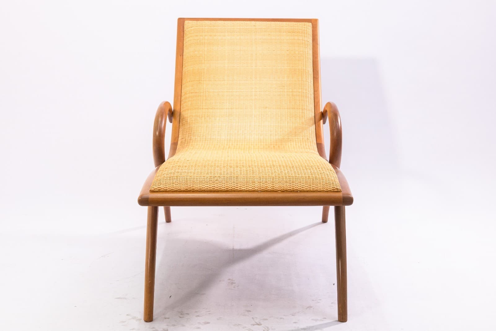 John Louis Graz Chaise Longue c. 1950s Curved Wood & Inset Woven Raffia Modern - Thumbnail 5