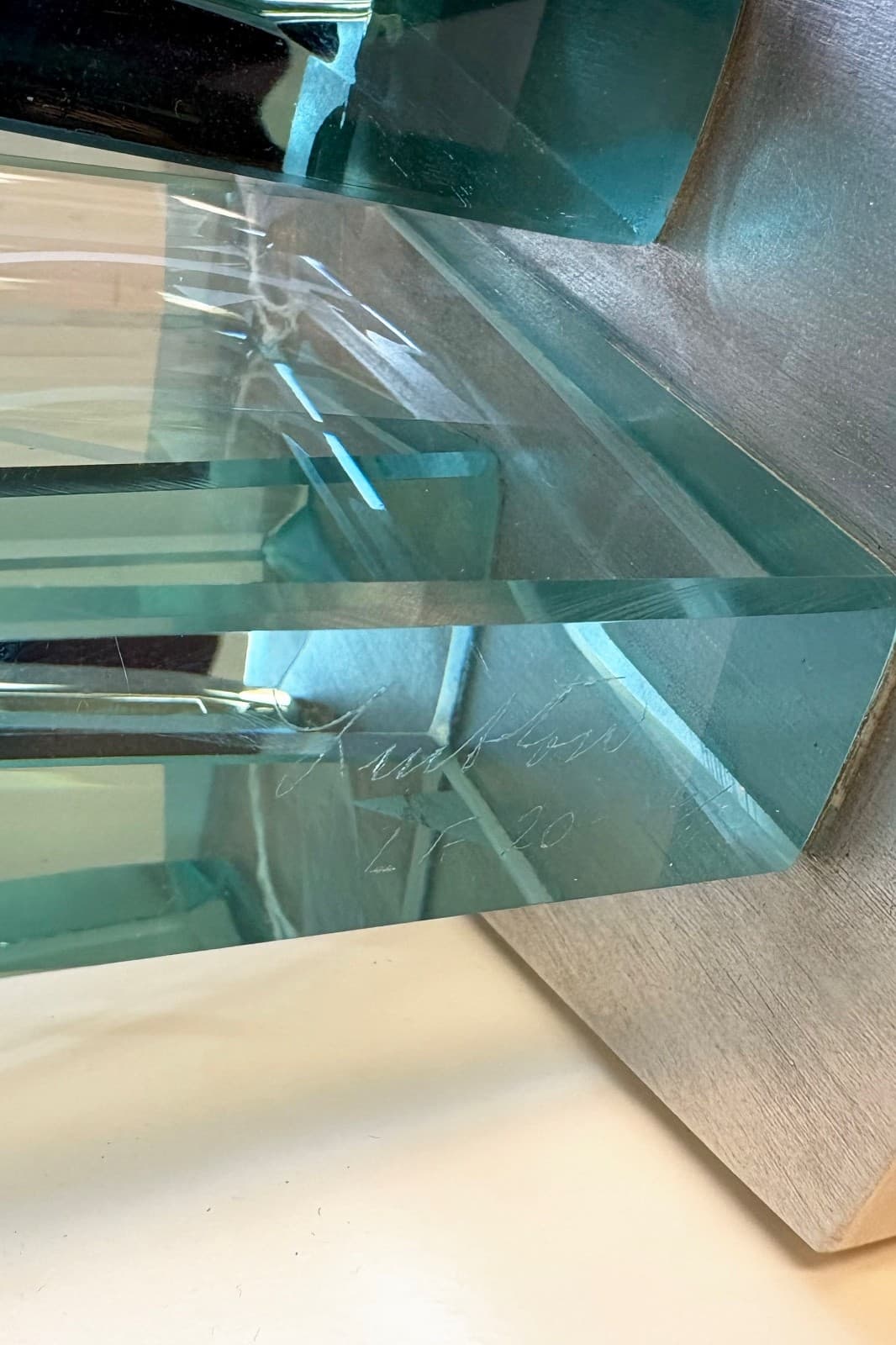 John Gilbert Luebtow Signed Abstract Postmodern Glass Sculpture on Metal Base - Thumbnail 9