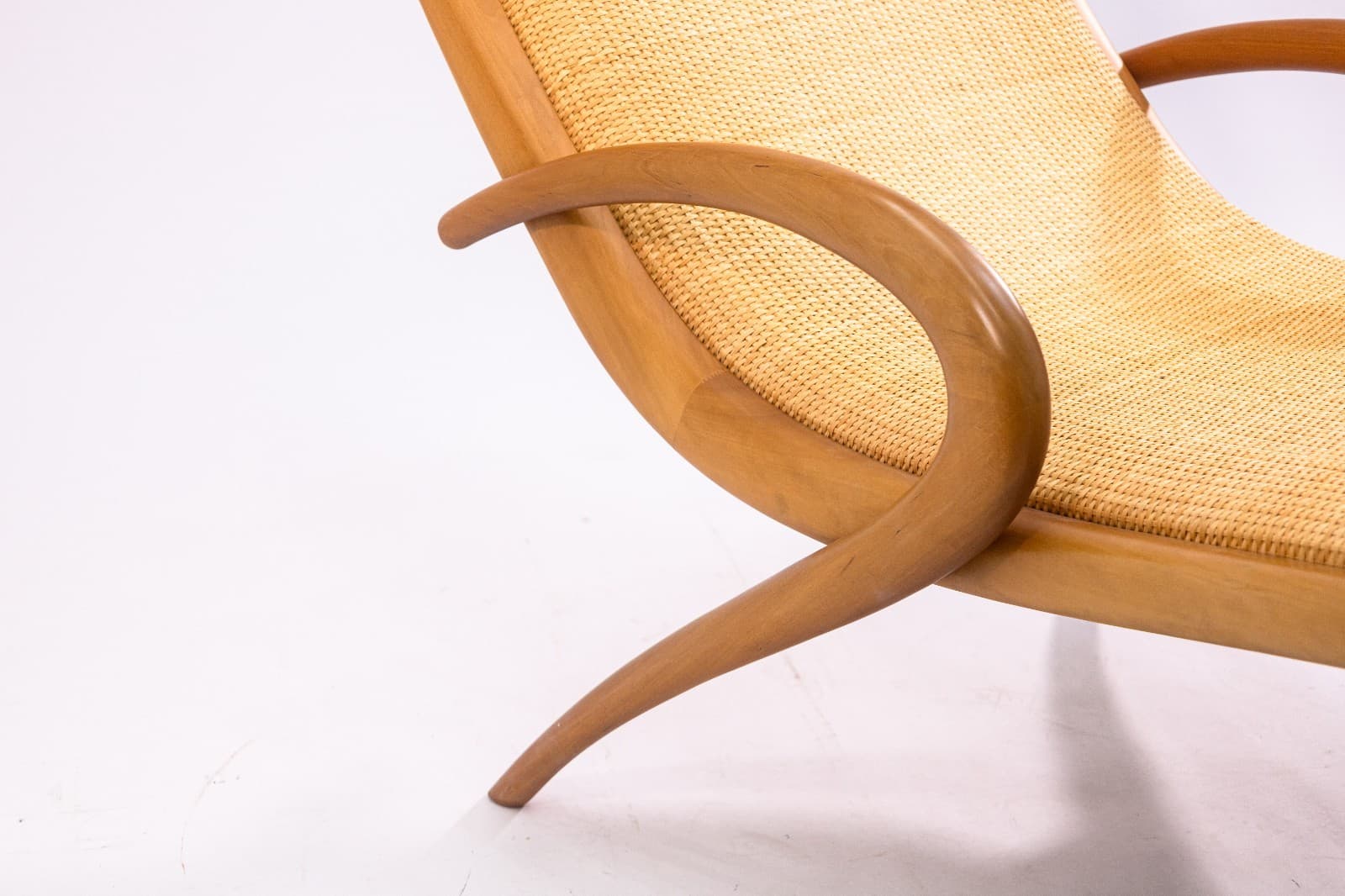 John Louis Graz Chaise Longue c. 1950s Curved Wood & Inset Woven Raffia Modern - Thumbnail 9