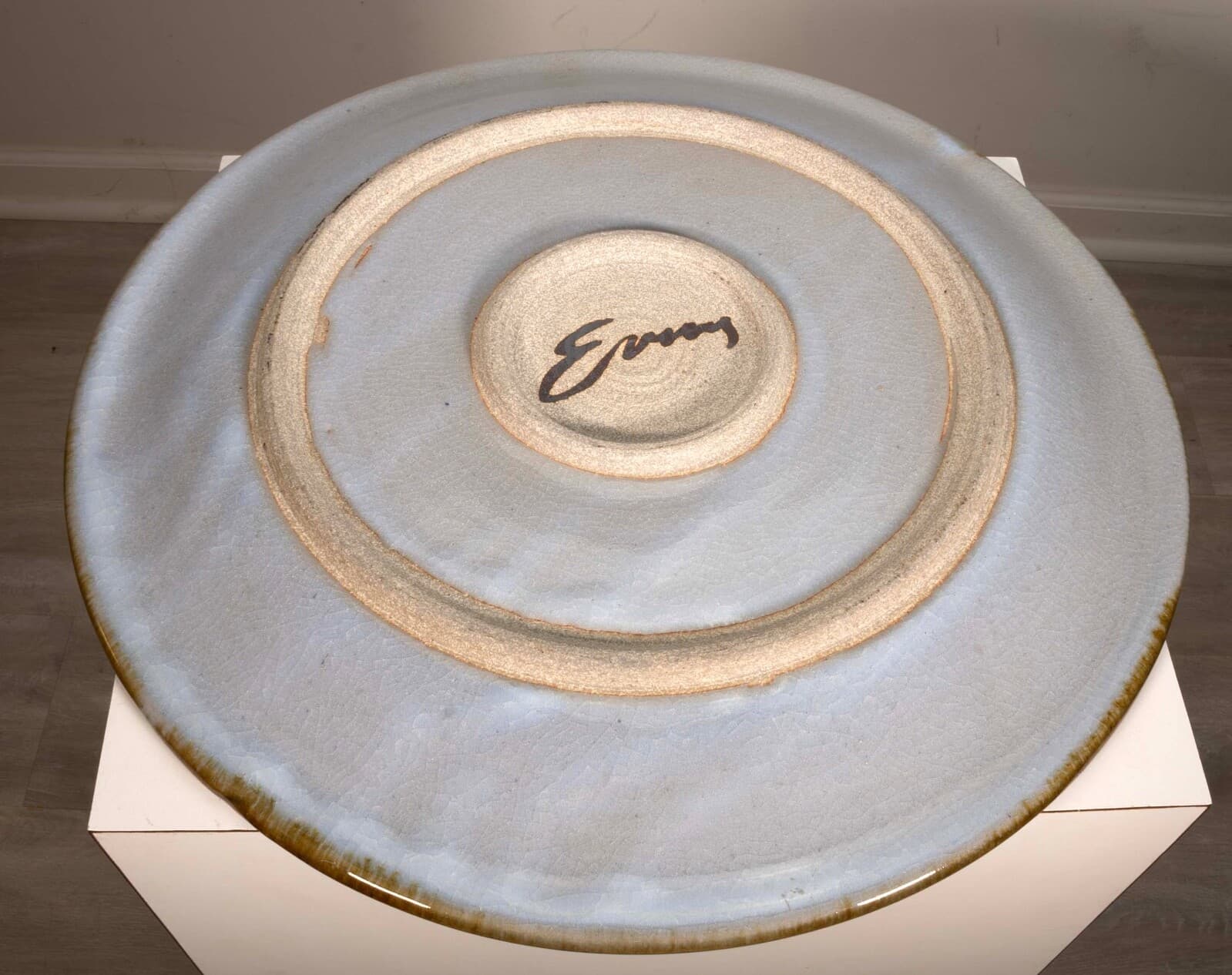 Tony Evans Large Light Blue with Floral Design Vintage Ceramic Platter Signed - Thumbnail 8