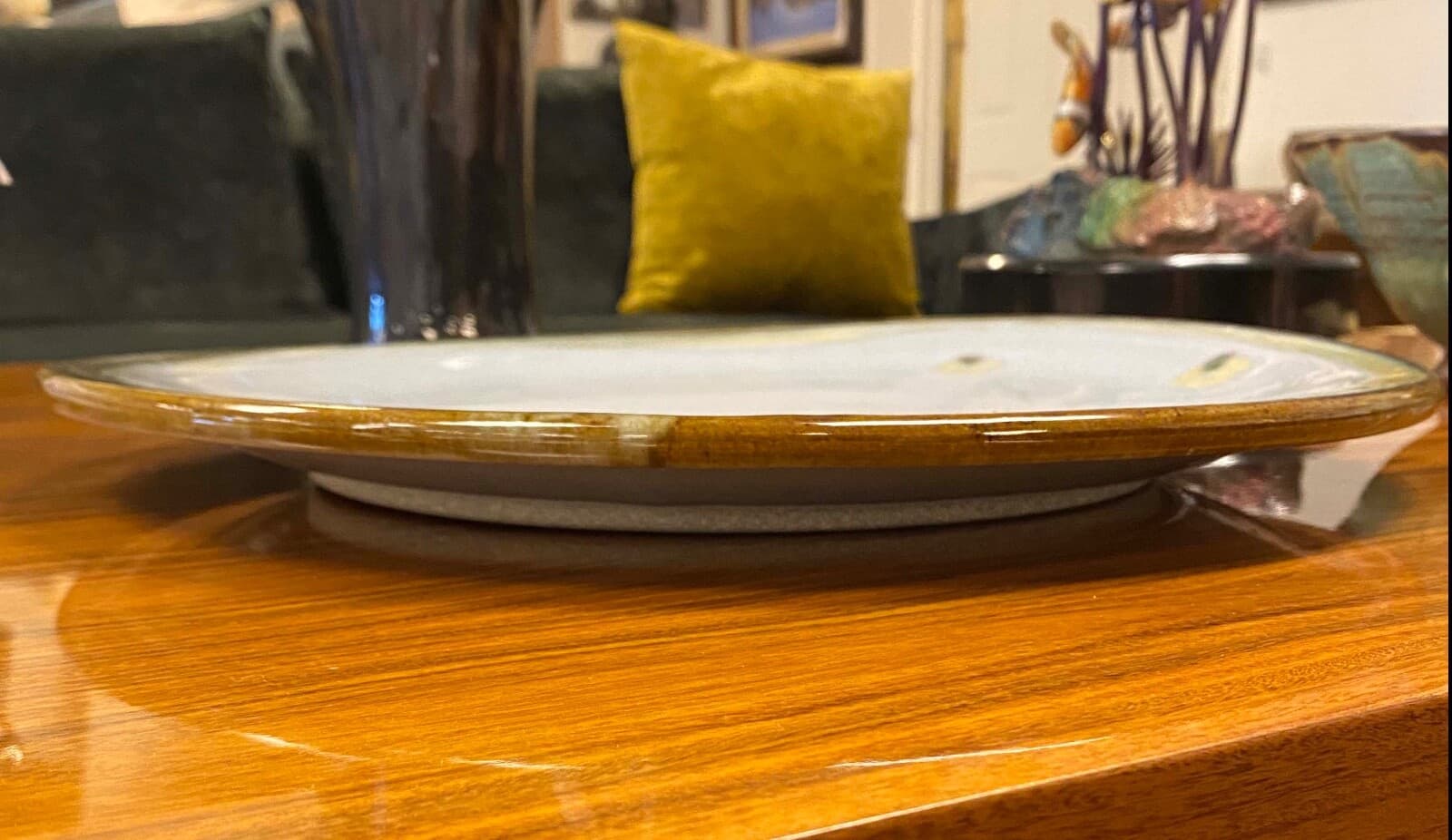 Tony Evans Large Light Blue with Floral Design Vintage Ceramic Platter Signed - Thumbnail 11