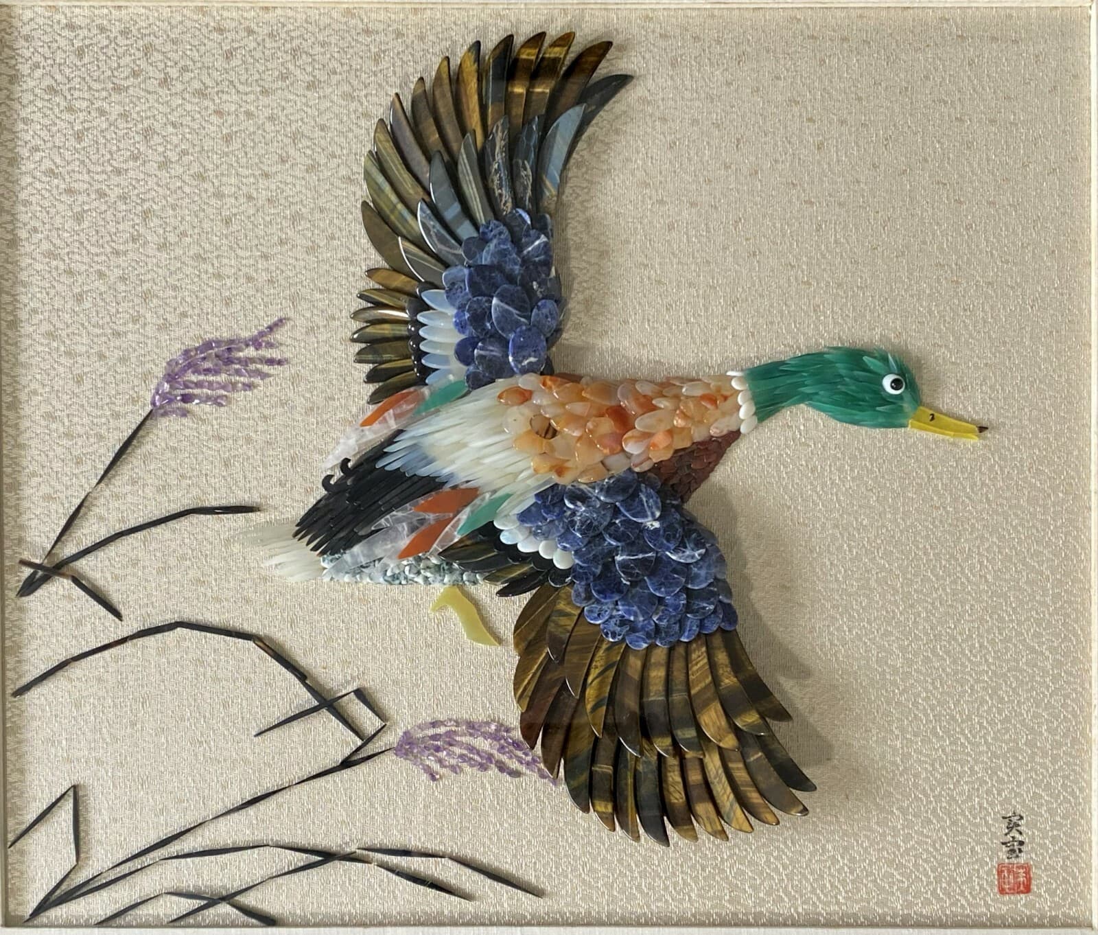 Asian Bird in Flight with Semi Precious Stones Wall Sculpture - Thumbnail 2