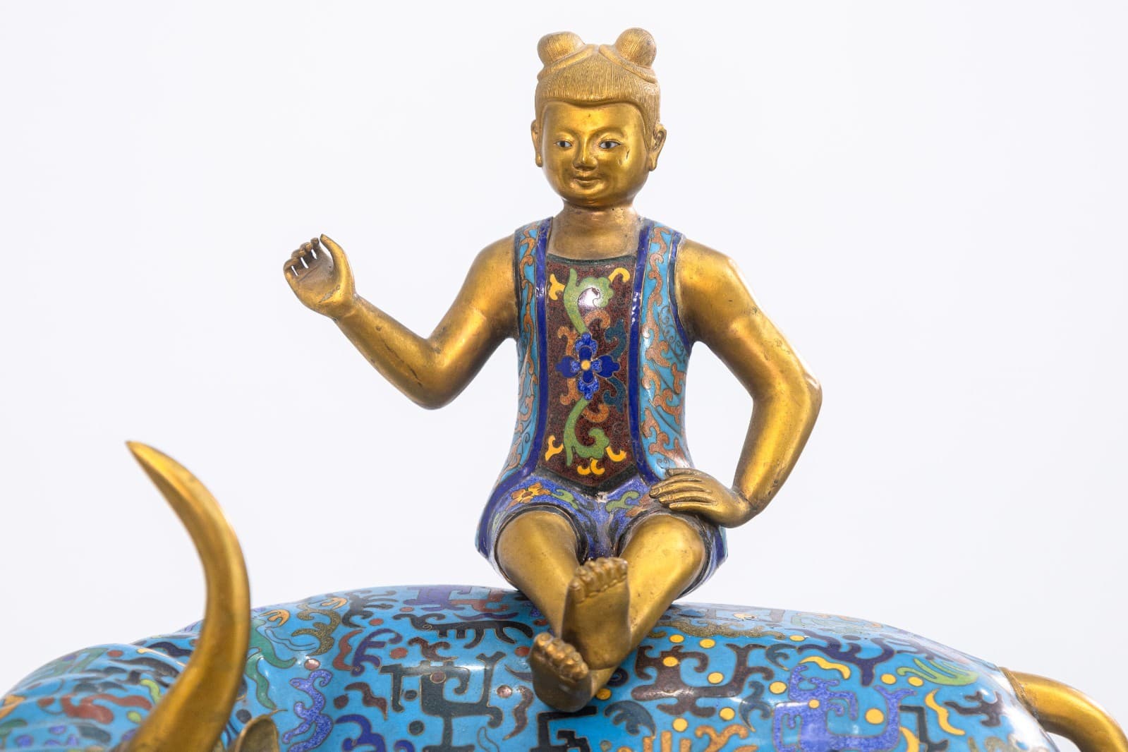 Vintage Chinese Cloisonne Bull Sculpture with Sitting Figure Asian Collectables - Thumbnail 2
