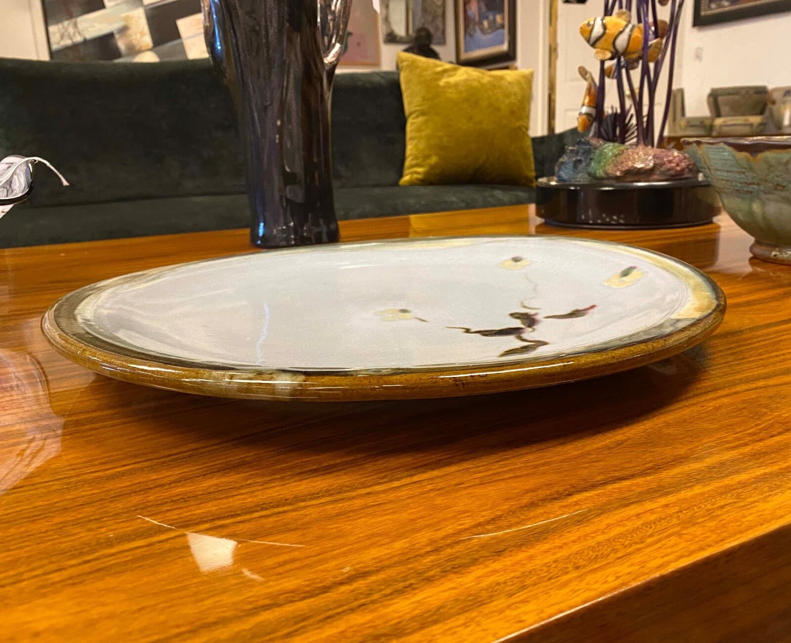 Tony Evans Large Light Blue with Floral Design Vintage Ceramic Platter Signed - Thumbnail 10