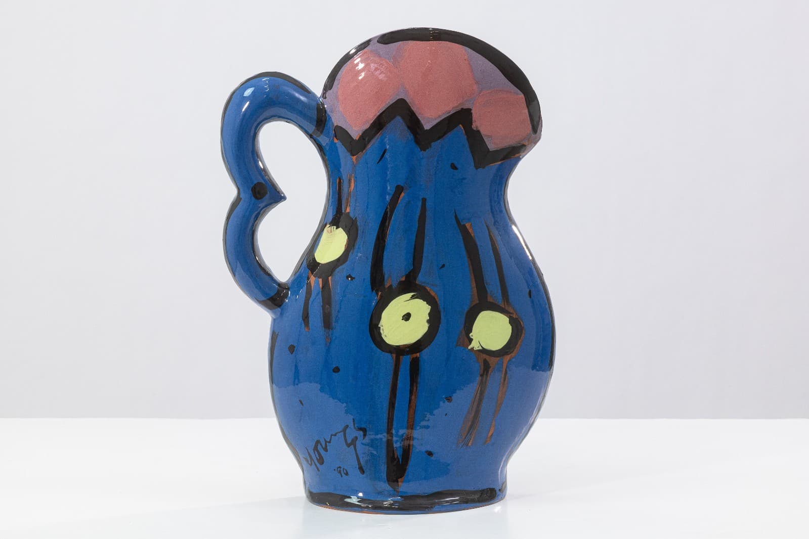 Kathryn Youngs Flat Pitcher Ceramic Vase 1990 Signed Hand Painted Art Pottery - Thumbnail 2