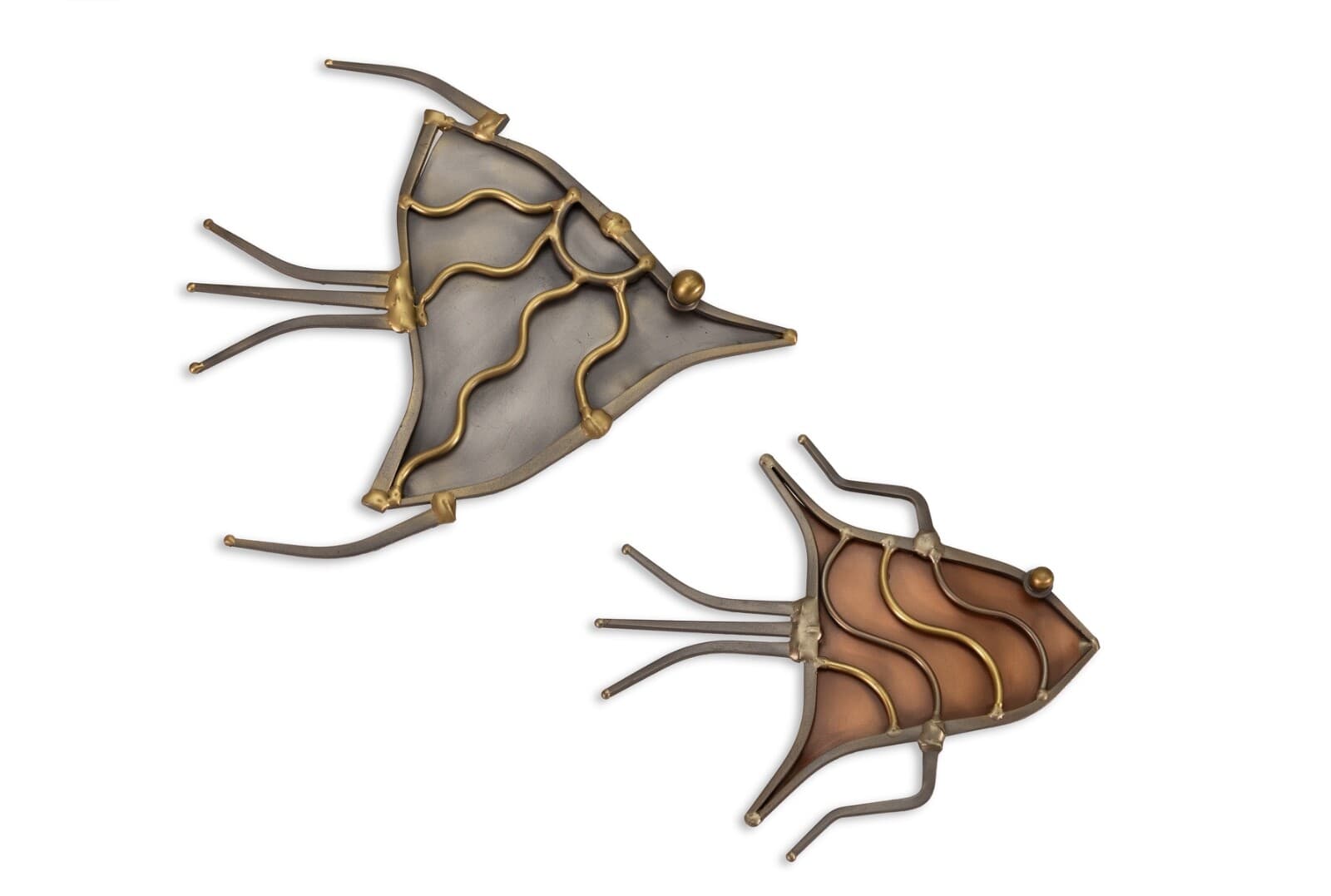 Pair Of Metal And Brass Ron Schmidt Signed Brutalist Wall Hanging Fish