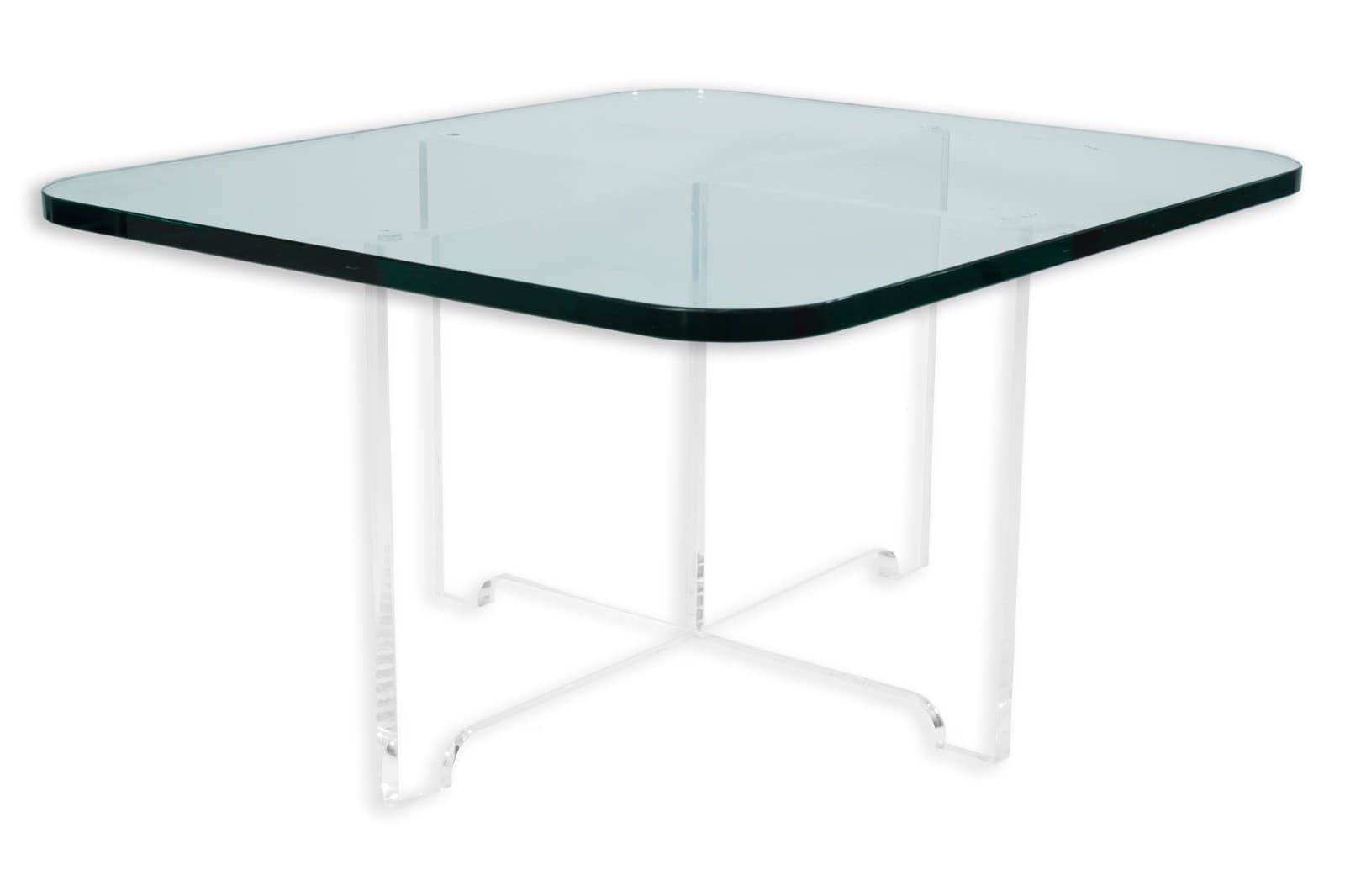 Contemporary Modern X Shaped Base Lucite and Glass Rounded Square Coffee Table