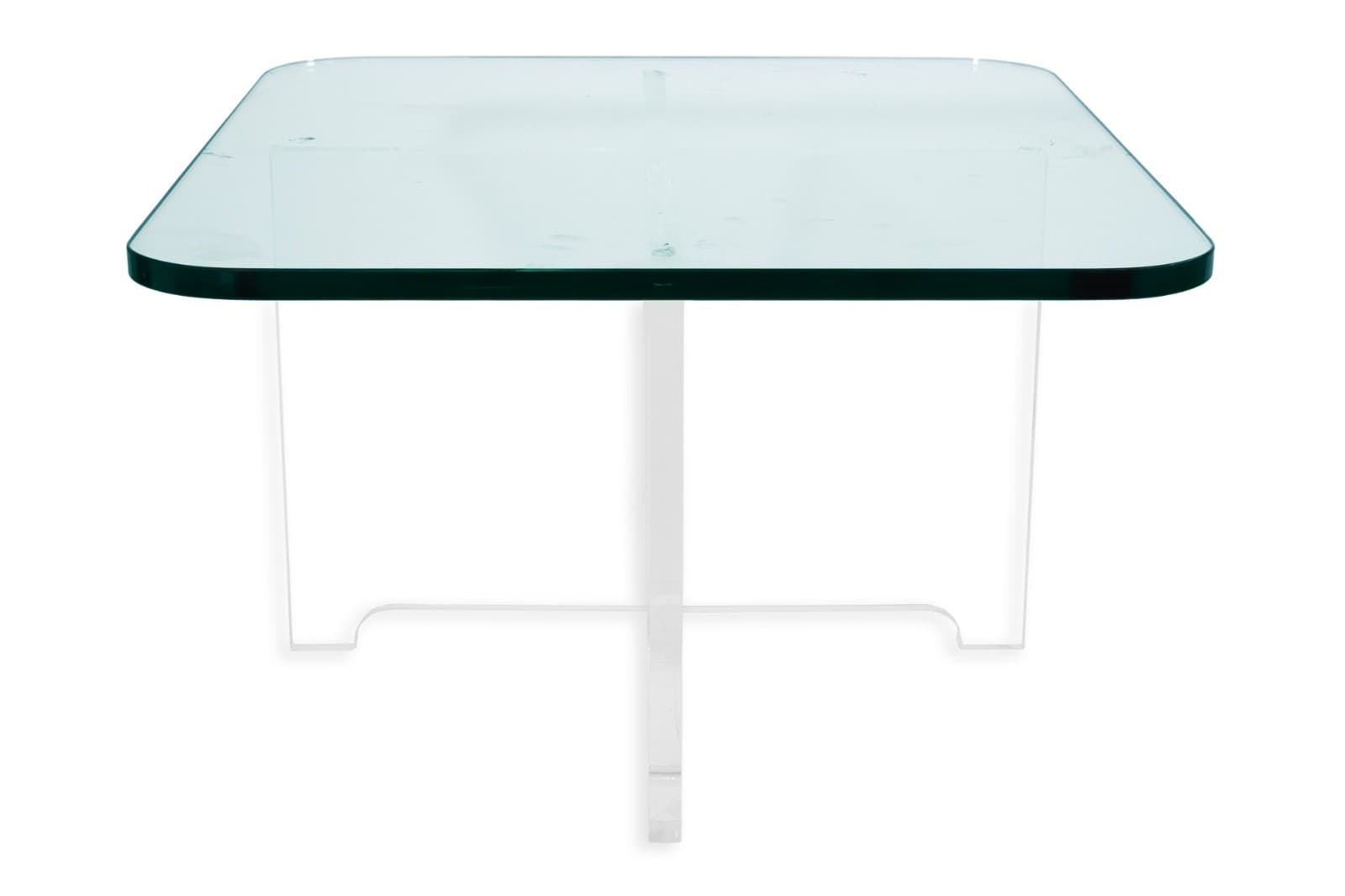 Contemporary Modern X Shaped Base Lucite and Glass Rounded Square Coffee Table - Thumbnail 2