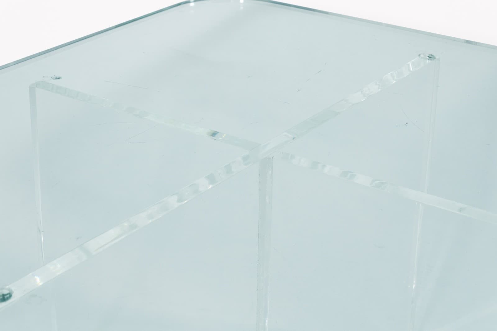 Contemporary Modern X Shaped Base Lucite and Glass Rounded Square Coffee Table - Thumbnail 4