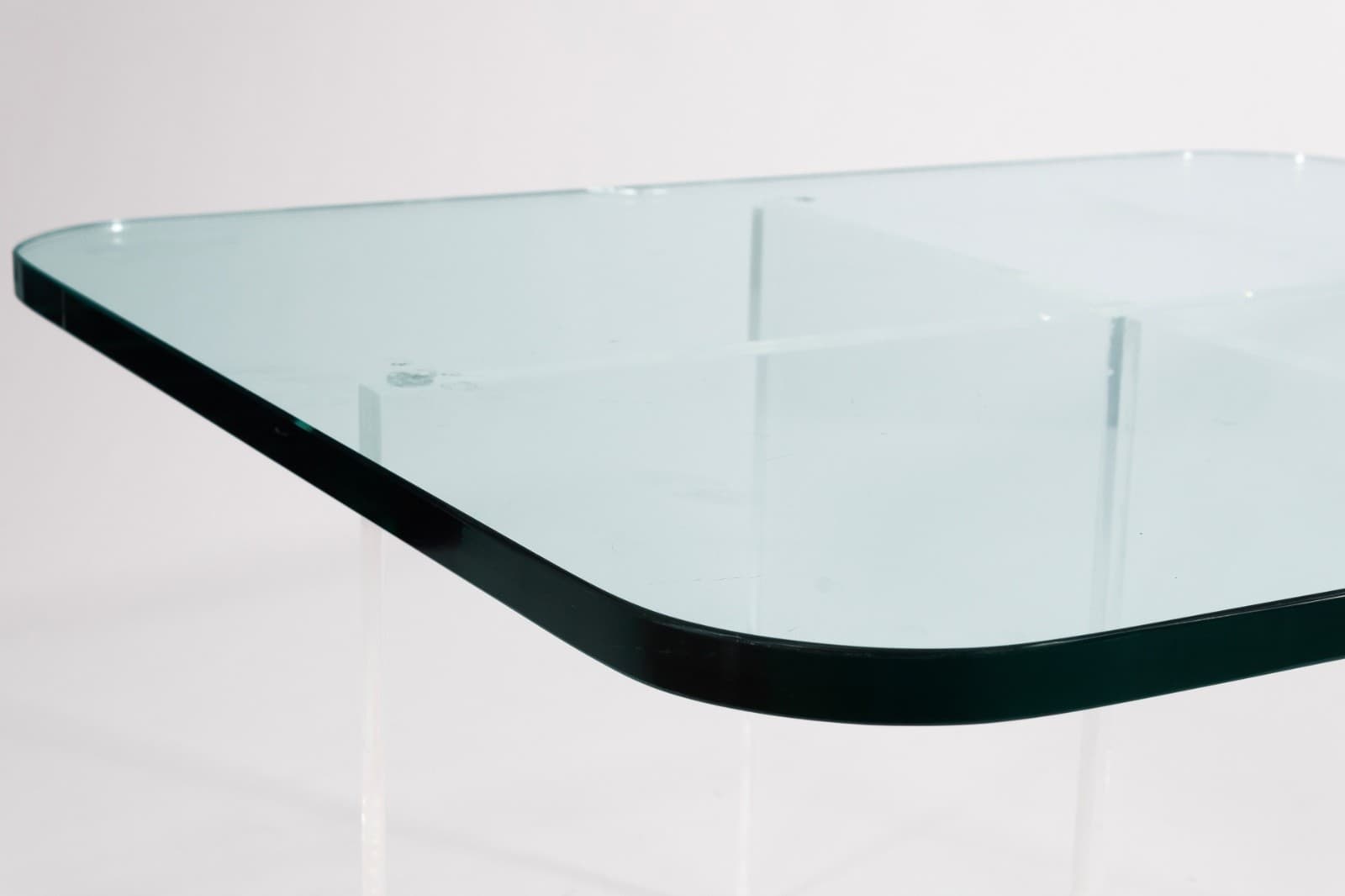 Contemporary Modern X Shaped Base Lucite and Glass Rounded Square Coffee Table - Thumbnail 3