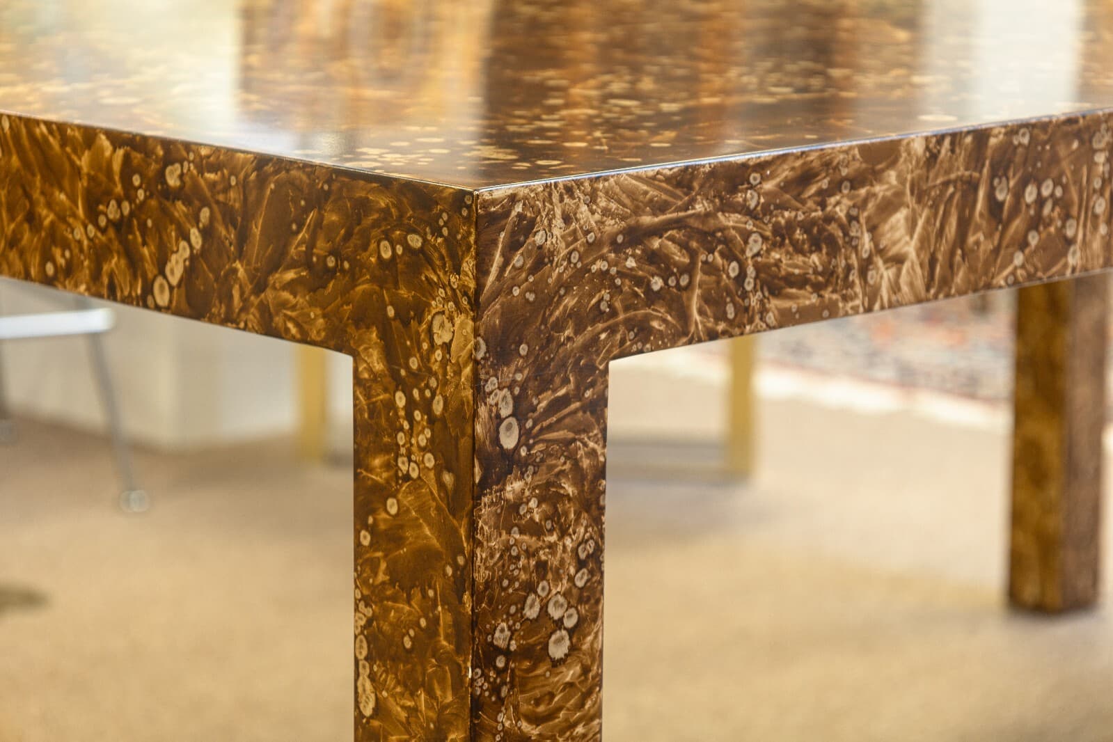Vintage 1970s Burlwood Style Brown Laminate Parsons Dining Table with Leaves - Thumbnail 5