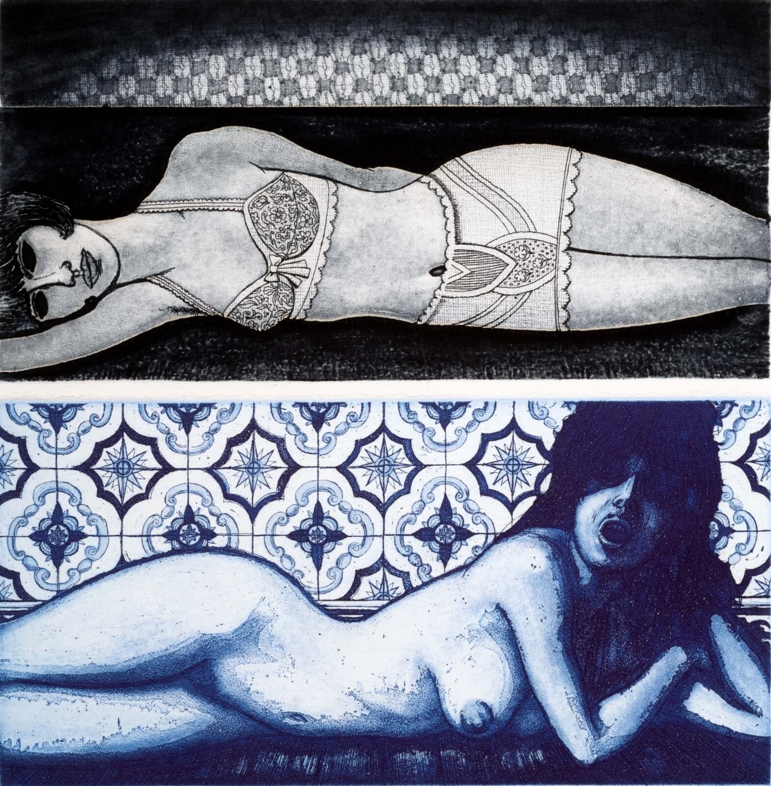 Frank Martin Two Figures, Blue Signed Modern Figurative Etching on Paper 33/50 - Thumbnail 3