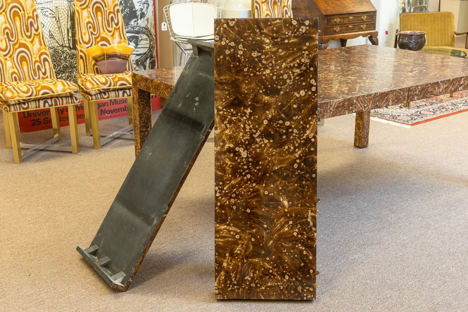 Vintage 1970s Burlwood Style Brown Laminate Parsons Dining Table with Leaves - Thumbnail 6